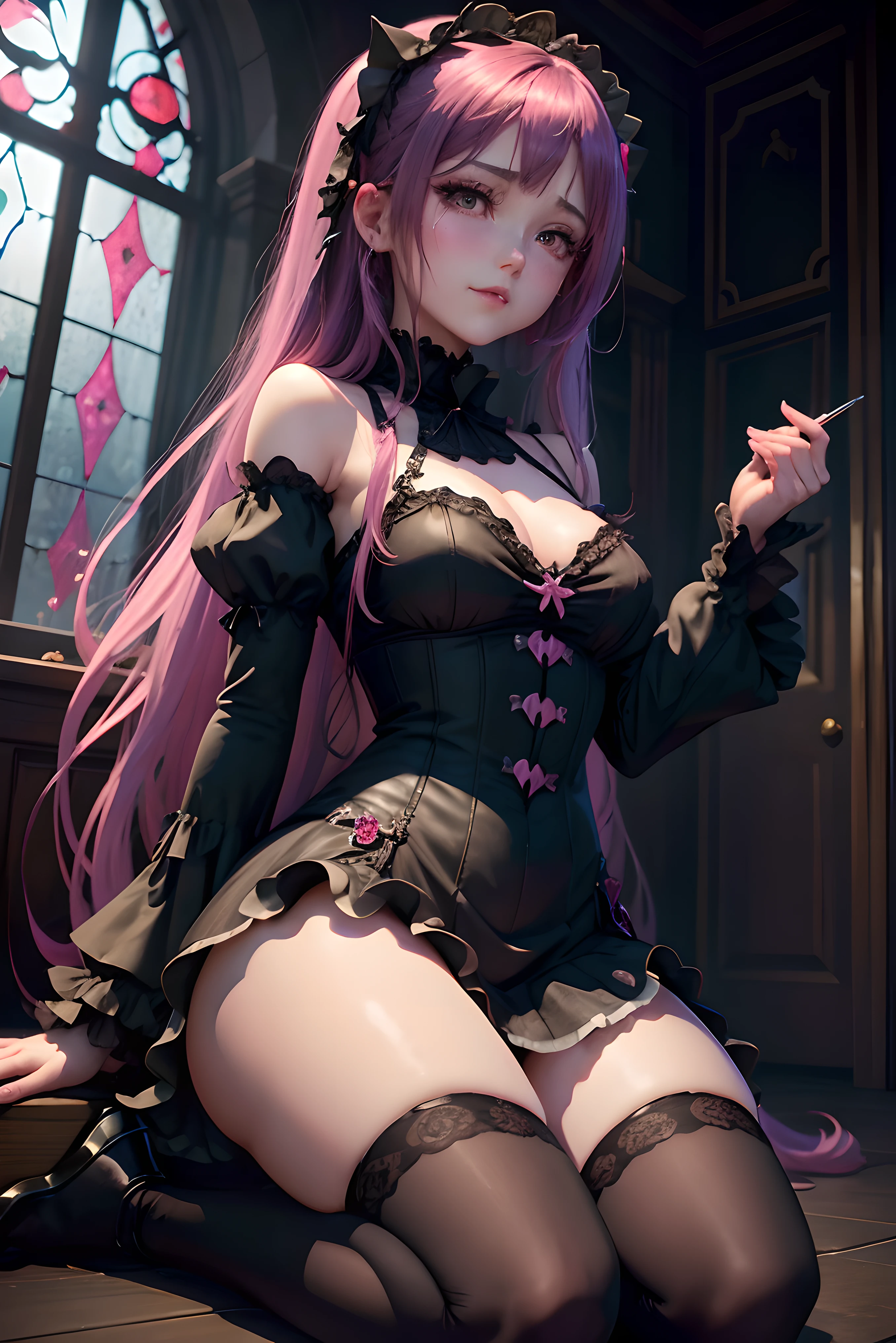 A sexy、Glamour、A slight smil、garterbelts、knee high socks、panthyhose、Beautifying the world、Unhappy、Lament my night's fantasy、Beautie、Beautiful shape、wretched、ghosts、wraiths、Evil Spirit、Beautiful、boredom、Unusual beauty、Bewitching、Fornication、Hard Dark Gothic Makeup、Maniacal、Deep night sky、horor、bell sleeves、Wizard Sleeve、twin-tail hair、Black Dark Eyeshadow、Visual Lock、slaves、crying how bright、mourn、Sad songs、Good skin luster、Lace pink、Long hair straight hair、Dark Gothic Makeup、Dark smile、An abnormal、Restless Palace、Kamimei、Pleasant look、Fragrant beauty、Smell、lovely、Kiss Face、age19、carriage、Lying、seductiv、from below looking up、 slightly plump thighs、Strong sexual pleasure、masturbation、A look of shame、open your legs a little、maid clothes、Dark Gothic、Longer dress、Gothic ta、toilet、Toilet room、bath room、Get on your knees、Angle from below、An anguished look that seems to leak pee、Pink hair、Rub your crotch and feel good、It's a face that looks like it's going to sexually.、Stained glass background、closing eye、s asleep、Open your mouth wide、Glitter of sweat on the thighs、Glitter of sweat on the face、Glitter of sweat on your shoulders、