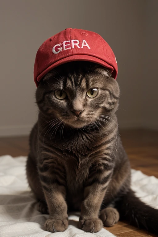 Draw a cat with a cap, the cap has a text on it, it says gera on the cap, the text on the cap says gera