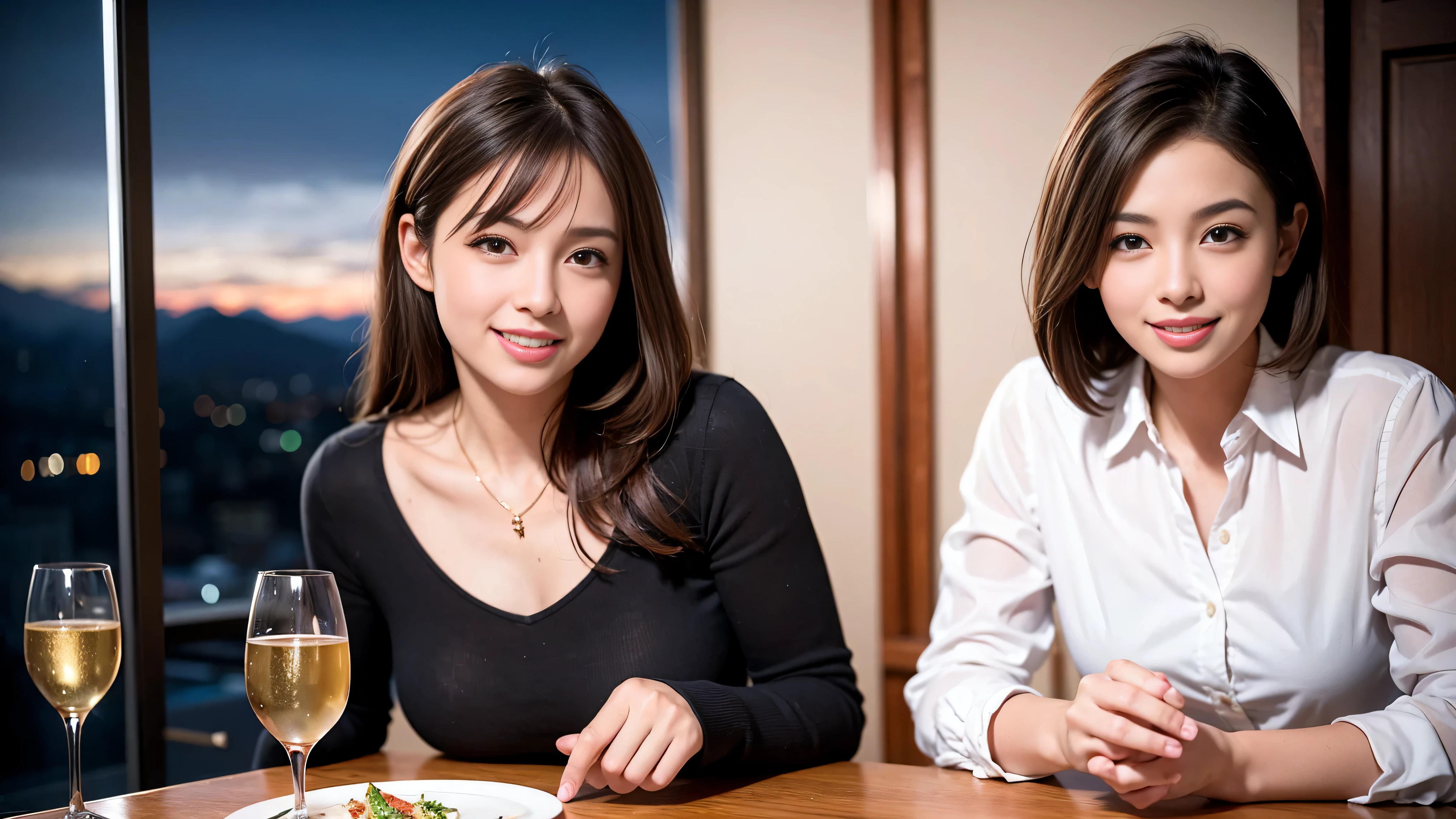 (K UHD, nffsw, top quality, table top: 1.2), (realistic, realistic: 1.37), Spectacular view of the sunset sky and clouds、Amazing mountain views、A bright smile、A lovely woman with a smile、The woman&#39;s face is bright、fox face、lady、Wine Party、hors d'oeuvre、Italian food、2 beauties、brown hair、shortcut、long sleeve shirt、winter fashion、dress、Japanese、Englishman、Dutch、German、Belgian、Italian、French,wine bottle、hors d'oeuvre、Champagne、sparkling wine、Pretty Woman 1, (slim face), (Because I&#39;m slender), (brown hair), (shortcut), cheeks turn a little red, (42 years old), 38 years old, attractive beauty、, A beautiful and detailed night view spreads out outside the window.........., restaurant, sitting in a wine glass, At night, in a prominent place (from the waist up) nova frog style, actress, model, Upper body, White wine, slim, wine glass, very beautiful night view, wine glass placed in the middle, Smile, (smile: 1.15), beautiful small eyes, 