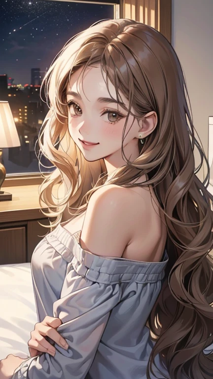 (at night, digital illustration, 4k, 8k, Super detailed, beautiful images, clear image, perfect face, perfect lines, perfect eyes) 1 female, (in bedroom, gray long wavy hair, innocent look, look at viewer, side view,Over-the-shoulder ,droopy eyes, brown eyes, innocence, cute, smile gently,27 years old:1.3, embarrassing, shy smile:1.2), off shoulder top , Piercing