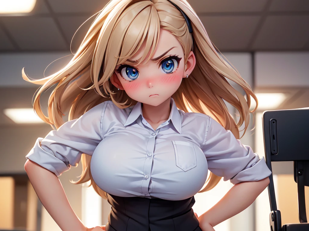 (high quality, High resolution, fine details, actual), ((((Cheeks swell)))), Put your hands on your hips, rely on, alone, miss, ((Female office worker)), Bright Eyes, (exquisite eyes), angry, blush, Shallow depth of field