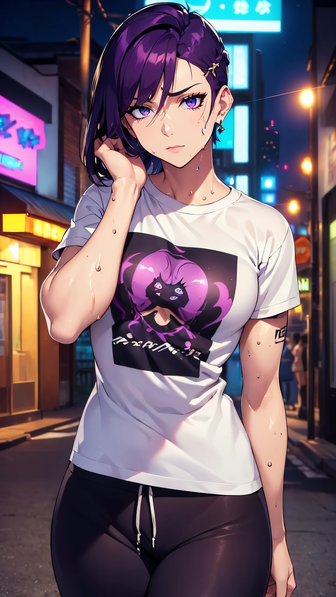 ((8K resolution))、((highest quality))、((masterpiece))、((Super detailed))((((dramatic))), (anatomically correct)、Depth of object being written、look at the camera、one person、one personの女性、front、Thin but muscular body, toned arms, long and thin legs, small breasts、Athletic Presence,(undercut hairstyle)、gold earrings、purple eyes、half closed eyes / Bad mood 、tattoo、(T-shirt、Sweat pants)、(theme、whole body:1.1), ネオンpunkスタイル、punk、サイバーpunk、(background:neon street、City of night)