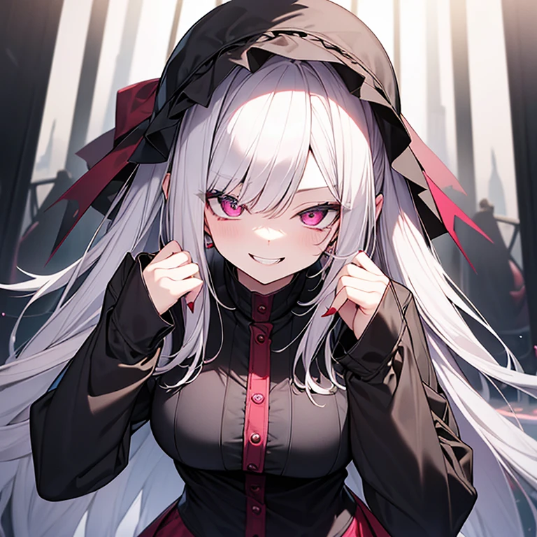  highest quality、silver hair、slanted eyes、pink eyes、pale skin、vampire、Black long sleeve knitted outfit、big breasts、short skirt、sexy、冷酷なsmile、murderous intent、Insanity、cruel、attack、darkness、Ahe face、red nails、smile
