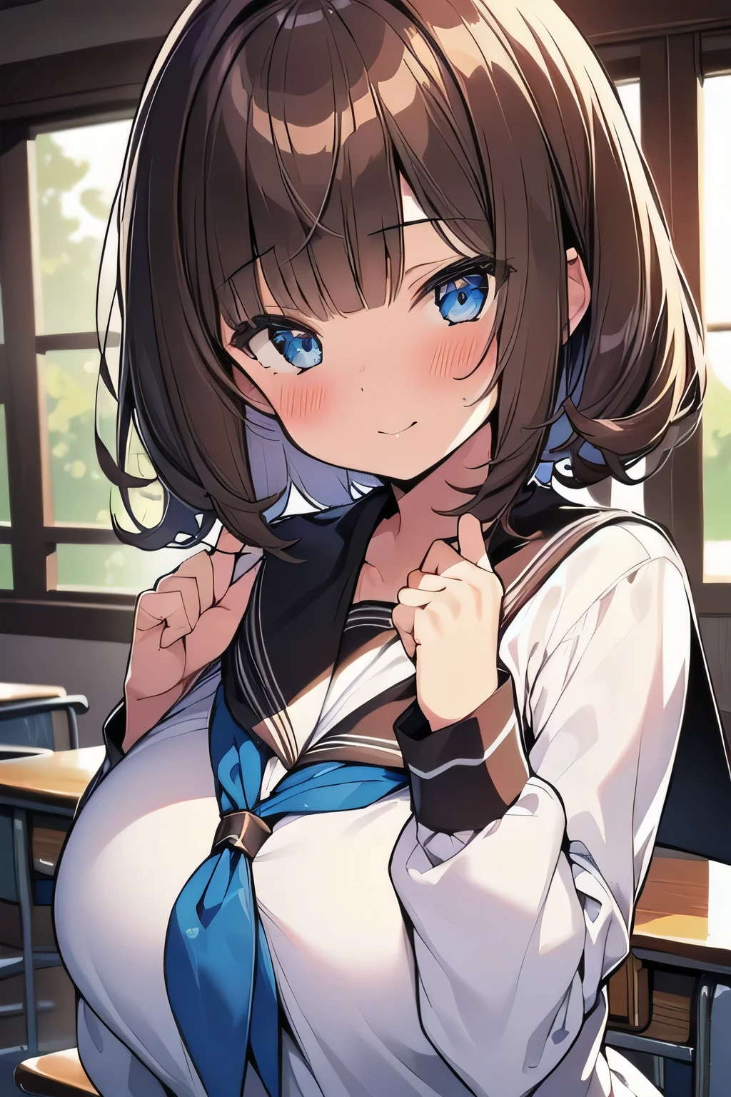 (best quality), (Super detailed), (Best Illustration), (1girl), look at viewer, upper body, (long sleeve, white serafuku), (large breasts:1.2), light smile, blush, brown hair, (bob cut), curly hair, hairs between eyes, blue eyes, (school:1.3),