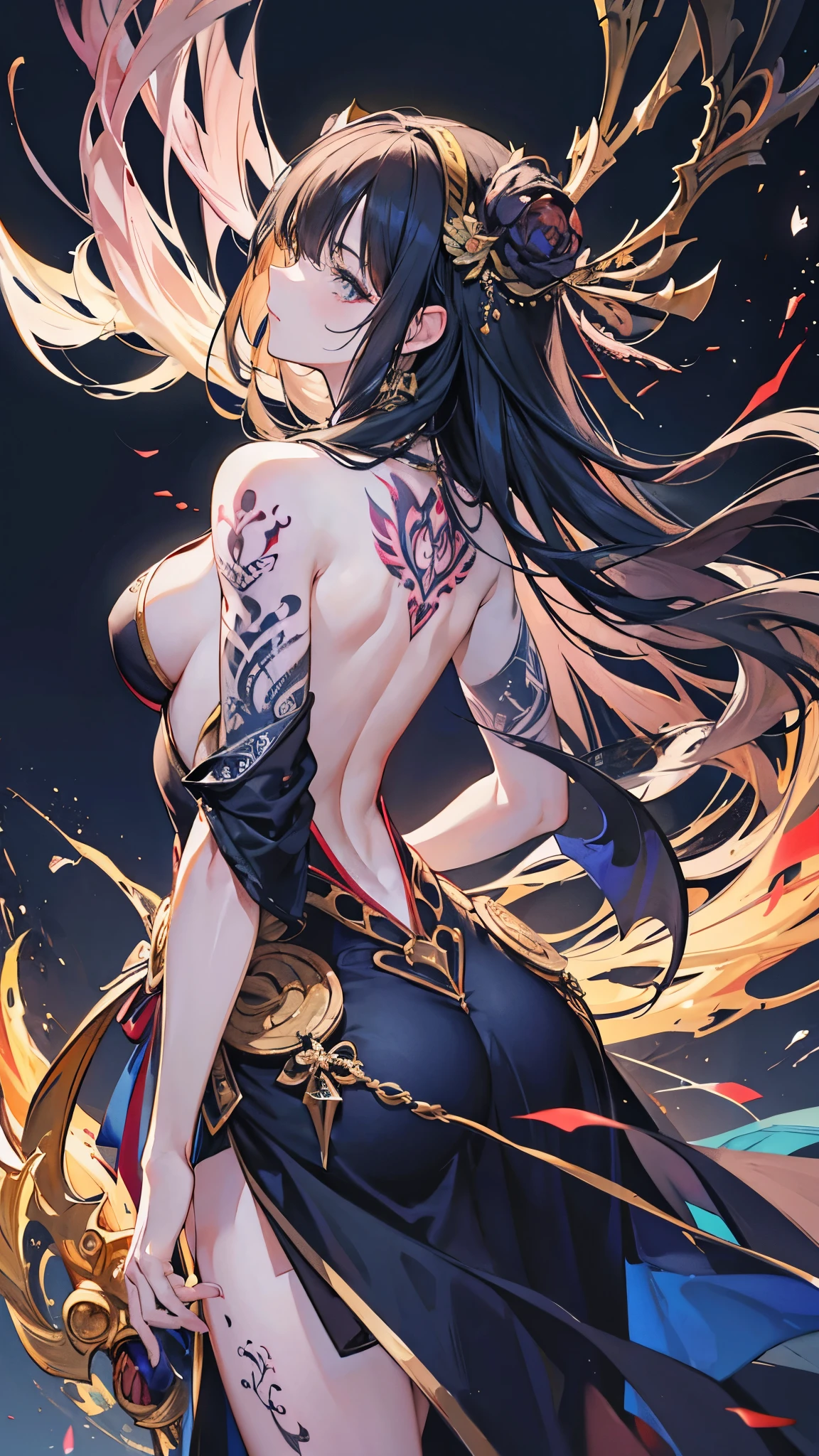 ((highest quality)),(ultra high resolution),(Super detailed),(detailed description),((best CG)),(best work of art),super precision art,amazing drawing art,(Fantasy art with intricate detail:1.5), (woman:1.6),(beautiful and well-shaped face:1.4),(backless:1.6),(Ancestor tattoo on the back:1.5),(Silently watching the prey:1.6), Deep in the dark jungle,