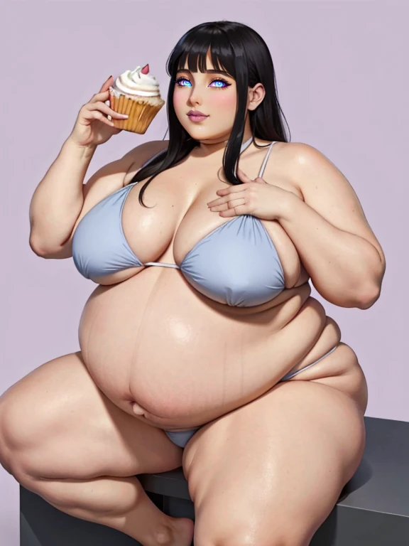 (1girl), beautiful pregnant supermodel Hinata, bikini, extremely obese, (obese belly):1.8, (obese legs):1.5, fat rolls, massive SSBBW body, massive pregnant hyperbelly, soft massive obese pregnant belly, cute chubby feminine face, sensual pose, soft obese thighs, soft obese legs, soft obese breasts, soft obese arms, soft chubby hands, soft chubby feet, holding a cupcake 