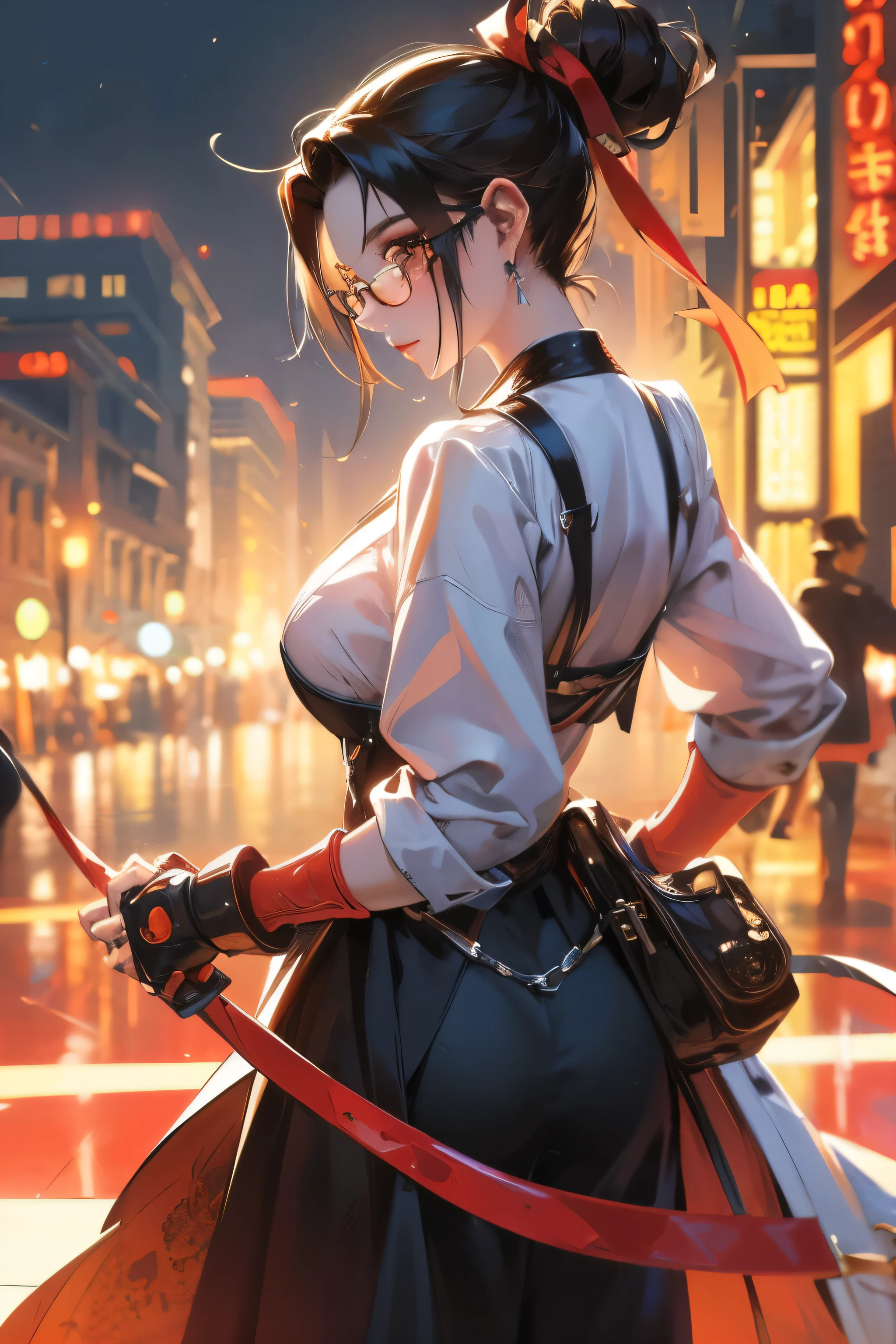 Wide angle shot, rear view, beautiful female street fighter, wearing large glasses, black undercut hair, wearing large steel knuckles
