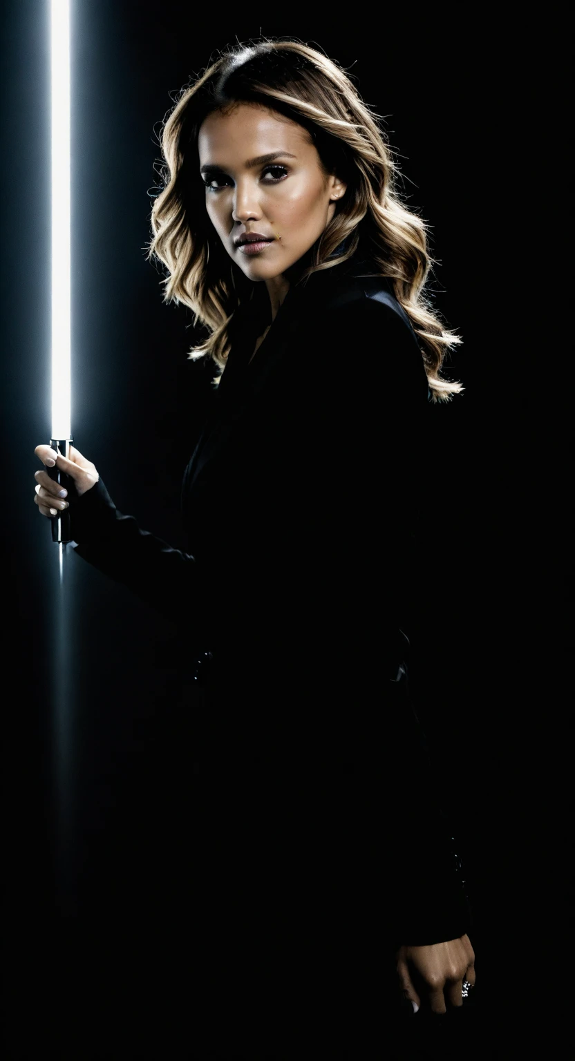 Jessica Alba commanding the frame with a powerful stance, high contrast lighting with Aperture 1.44 accentuating facial contours, multiple exposure technique for three-dimensional depth effect, HDR imagery each frame showcasing hyperreal details, movie still aesthetic with wire-like tail texture, framed within a cinematic shot, vignette border, hands with enhanced clarity, award-winning photographer craftsmanship, volumetric lighting, ultra clear,
