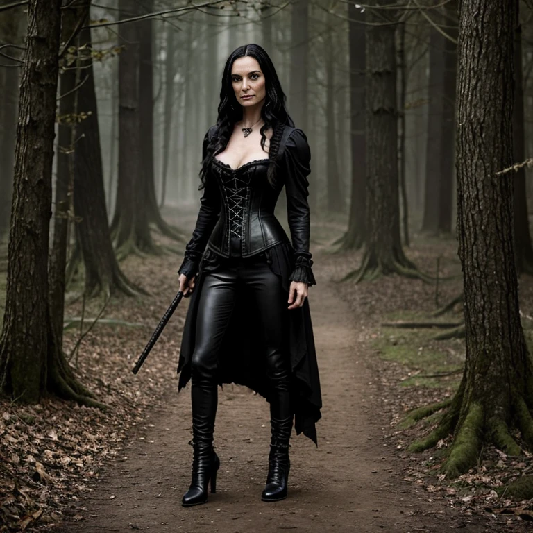 1 woman, Famke Janssen, film Hansel and Gretel Witch Hunters, 30 years old, age 30, black long hair, black, gothic style, ultra detailed face, hyperrealistic, realistic depiction, full body view, gothic style, dancing, wearing a corset and long leather pants, shoes "New Rocks"