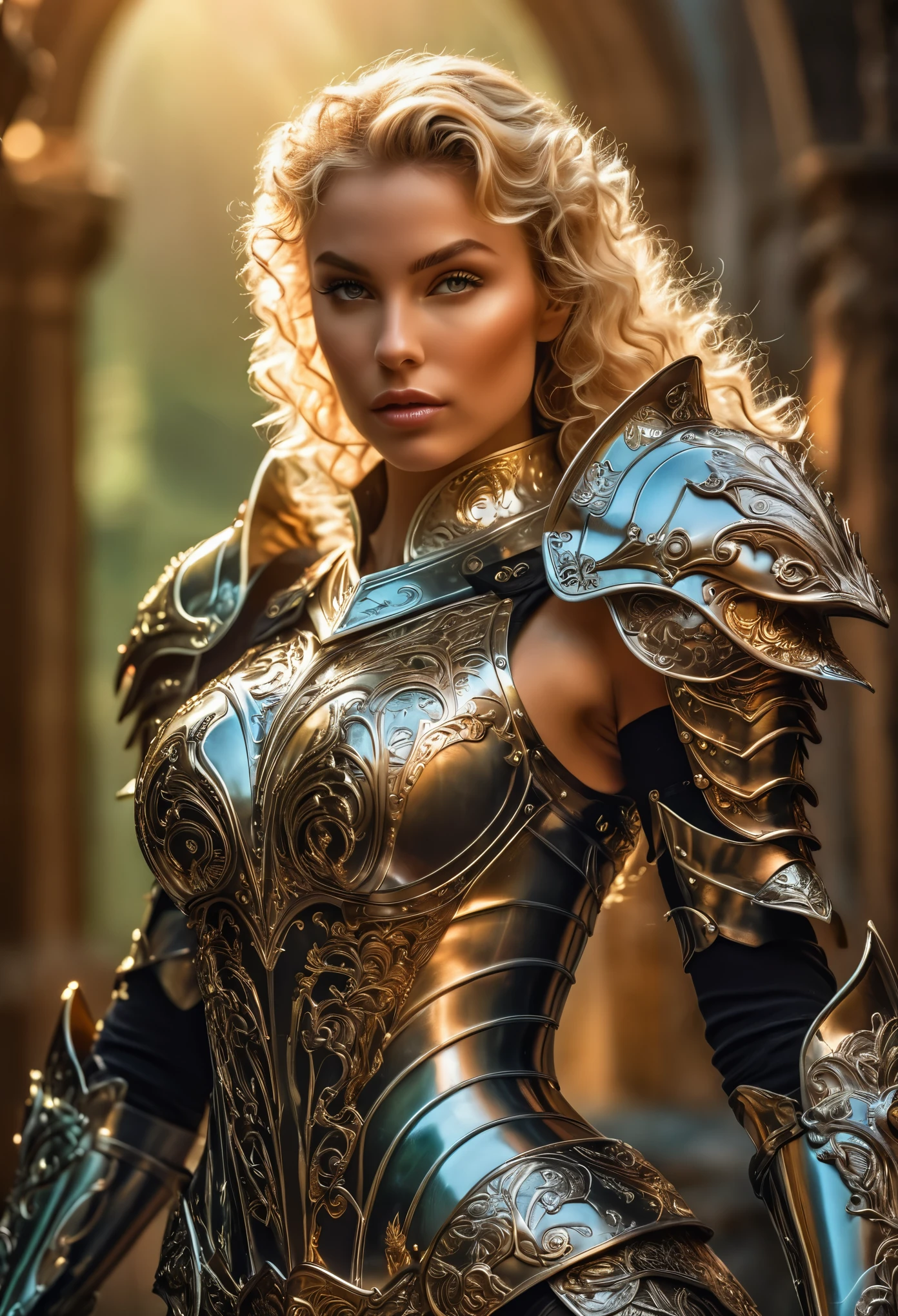 a beautiful ethereal female elf knight, blonde curly hair, in the style of Boris Vallejo, high detail sexy filigree armor, high detail face, high detail skin, strong body, muscle definition, (perfect proportions), Heavy Metal aesthetic, high fantasy background, high quality, masterpiece, realistic photo, intricately detailed, 8k, HDR, shallow depth of field, wide light, high contrast, backlight, light flares, sharp focus, RAW color photo, looking at the camera, cool colors, various poses