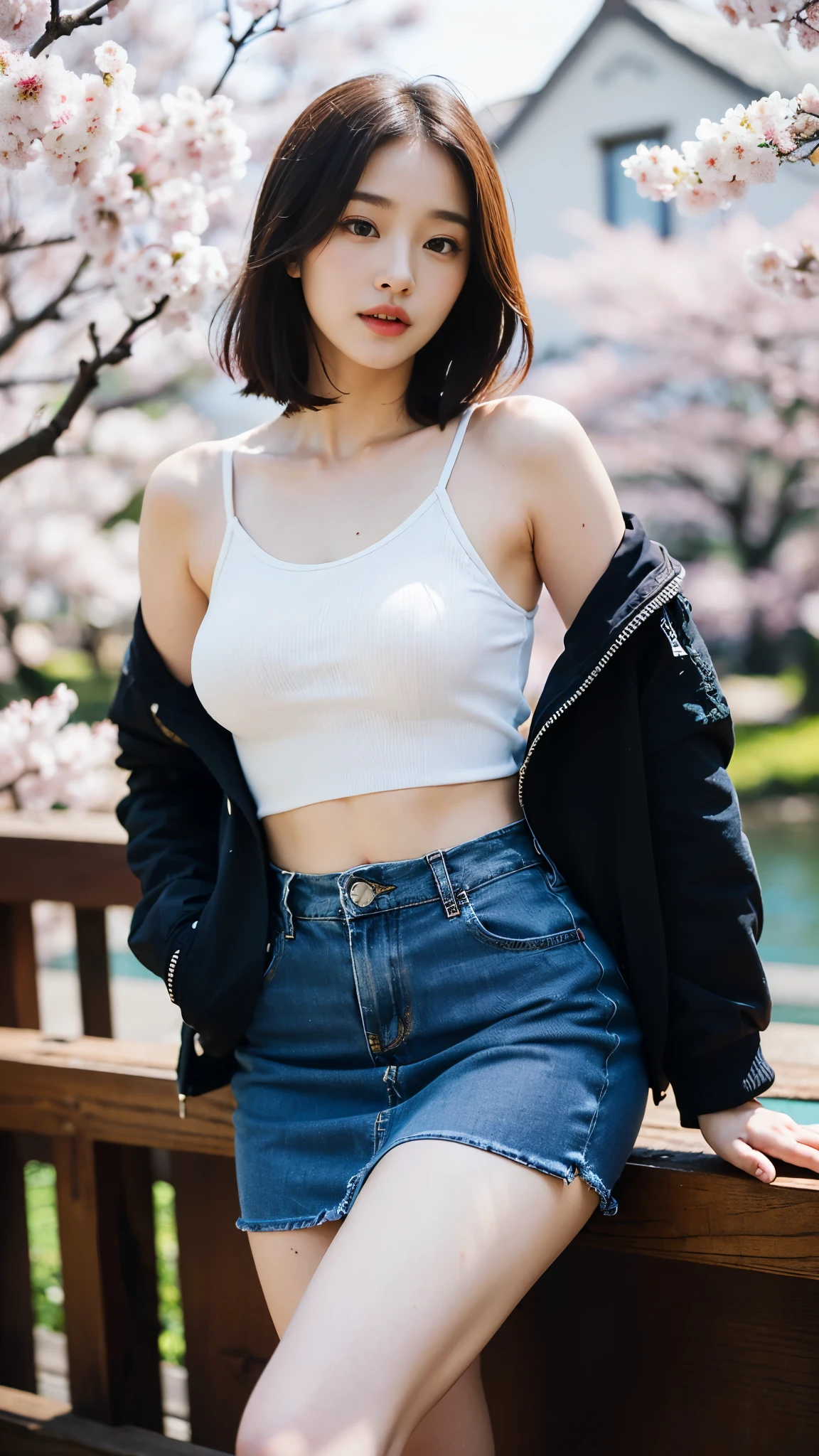 (((best quality, 8 thousand, masterpiece:1.4)), (20 year old woman), masterpiece, distinct, highres, high_quality, wide_shot, small_face, absurdly_short_hair, female, sagging_breasts, balancing, stretching, gentle_face, bare_shoulders, ((best quality)), ((masterpiece)), (detailed), perfect face, very big breasts, ultra high definition, 8k, perfect body, hud, Ergonomic, slim legs, small face, long eyelashes, Sparkling lips, eye for detail, clean skin, blemish-free face, japanese beauties, 20 year old woman, 1 woman, Sexy pelvis, (Huge, saggy breasts), Made by Sosaku, Cherry Blossom나무, sakura bloomimg, Cherry Blossom, sakura season, Cherry Blossom 나무 아래, sakura tree, Cherry Blossoms, Cherry Blossom falling, hungry ghost festival, Cherry Blossom tree, Cherry Blossom trees, Indigo skirt, jacket, On a Japanese arched bridge, A scene from a movie, In the middle of the arch-shaped bridge,