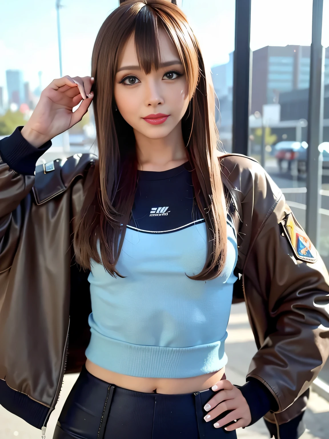 (best quality:1.2), (realistic, photo-realistic:1.3), (masterpiece:1.1), (age:1.3), (light smile:1.2), (Gravure idol:1.2), (sexy pose:1.1), (blue eyes:1.3), (multicolored hair:1.2), (short hair:1), (brown skin:2), (candy pop style:1.3), (future city:1.2), (cinematic natural light effects:1.2), gal.safetensors, (Clothes with attention to detail:1), (cyberpunk rider suit:1.1), (cyberpunk jacket:1.1), (sci-fi big guns:1.2), (military equipment:1.2)