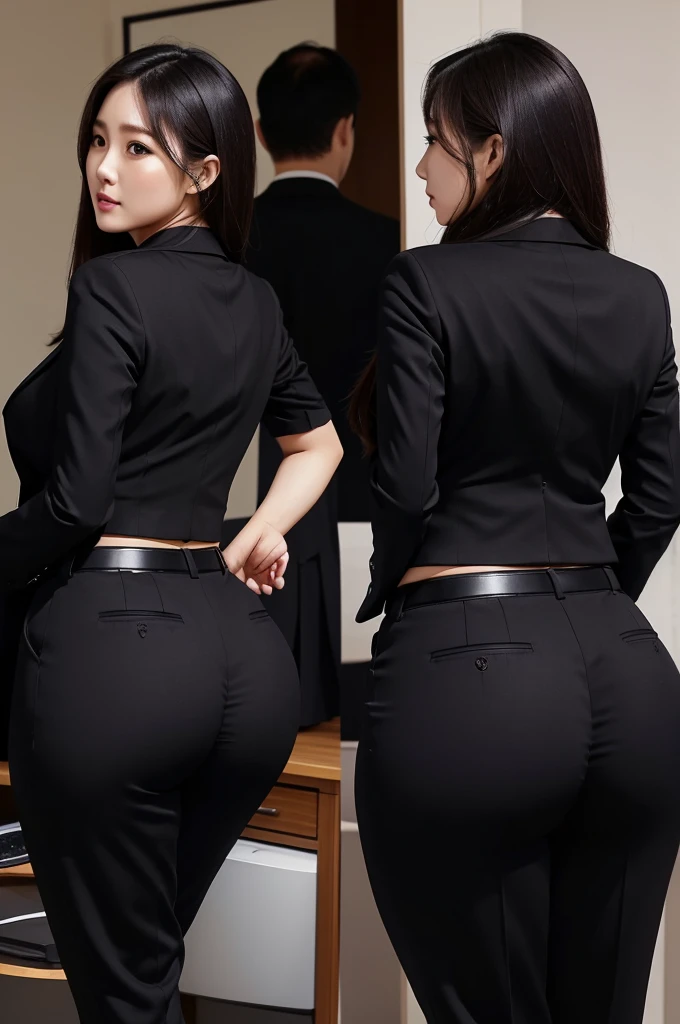 Super Beautiful Office Lady、(Plump ass)、Y shirt、 Black suitpants、posterior view、(((ultra best quality, masterpiece))), (((ighly detailed)))