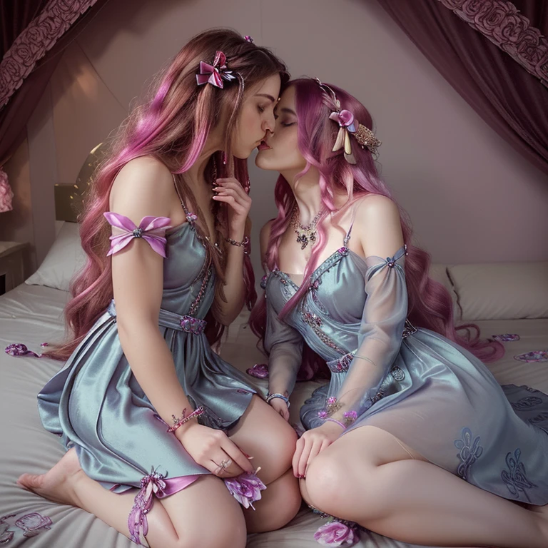 1girl, long hair, bright hair color, seductive eyes, mysterious expression, mature appearance, charming dress, flowing dress, elegant jewelry, intricate decoration, magic symbols, glowing accessories, potions, scrolls, cute accents, bows, ribbons, flowers, and 1 boy kissing each other on bed