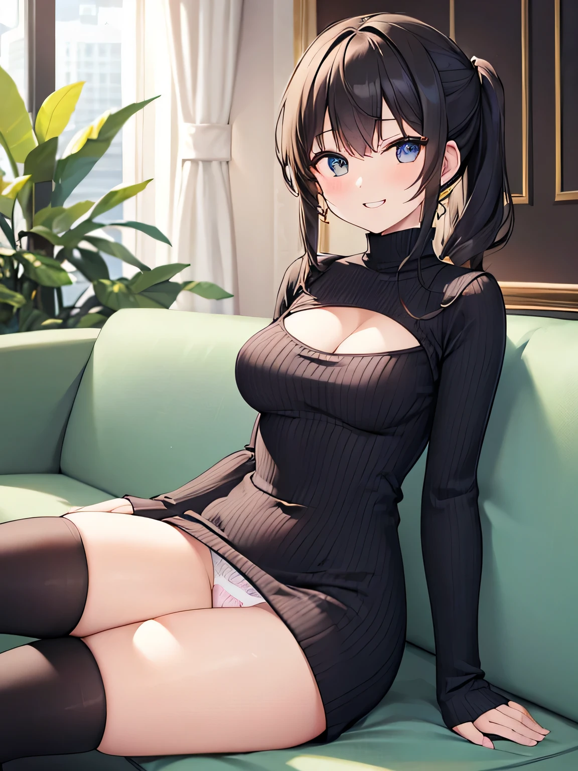 (masterpiece、highest quality、High resolution、realistic pictures、real looking skin:1.1)、
(A woman is sitting on a sofa in a hotel lobby:1.8)、
(The length of the dress is so short that you can almost see her panties.:1.8)、
(looking at her from the front:1.8)、
(she has a grinning expression on her face:1.8)、
(She is wearing a navy long sleeve turtleneck knitted mini dress with no slits:1.8)、
(There is a gap around the chest of that dress and you can see her cleavage.:1.8)、
(This is a ribbed knit dress that shows off your body lines beautifully.:1.8)、
(I am wearing black middle boots.:1.8)、
(The panties are purple and have a pattern on them.:1.5)、
(brown medium ponytail:1.5)、
(Location: Hotel lobby sofa:1.5)、
1 Japanese girl、solo、full body esbian、beautiful eyes、shining eyes、Shining thighs、NSFW