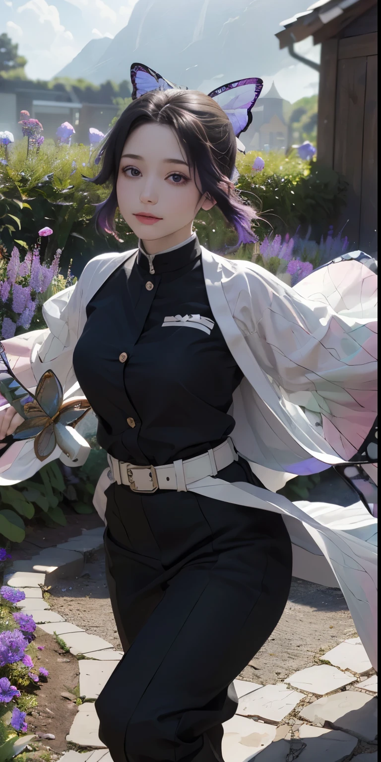 Ultra-realistic 8k CG, masterpiece,(mini skirtBare legs and white panties:1.4) close, (weapon in hand: 1.2), (attack: 1.2), beauty, goddess, (Bare legs and white panties:1.3),from the front, face sticking out, (super detailed background, delicate pattern, intricate details)), high quality, highly detailed face, (超mini skirtから見える白いパンティ生脚:1.4)、highly detailed eyes and face, highly detailed eyes, kocho shinobi, colorful hair, No bangs, hair intake, purple eyes, amount, black shirt, black pants (Haori, butterfly, button, belt, (garden: 1.2), purple flowers, Chibi, cloudy null, sunlight, Tyndall effect, exy、Slope_null, face, gorgeous null, Sword at the waist,Ultra-realistic 8k CG, masterpiece,(mini skirt:1.4) close, (weapon in hand: 1.2), (attack: 1.2), beauty, goddess, from the front, face sticking out, (super detailed background, delicate pattern, intricate details)), high quality, highly detailed face, highly detailed eyes and face, highly detailed eyes, kocho shinobi, colorful hair, No bangs, hair intake, purple eyes, amount, black shirt, black pants (Haori, butterfly, button, belt, (garden: 1.2), purple flowers, Chibi, cloudy null, sunlight, Tyndall effect, Slope_null, face, gorgeous null, Sword at the waist,