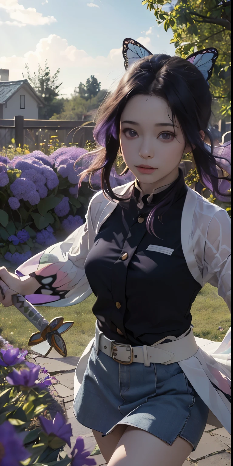 Ultra-realistic 8k CG, masterpiece,(mini skirtBare legs and white panties:1.4) close, (weapon in hand: 1.2), (attack: 1.2), beauty, goddess, (Bare legs and white panties:1.3),from the front, face sticking out, (super detailed background, delicate pattern, intricate details)), high quality, highly detailed face, (超mini skirtから見える白いパンティ生脚:1.4)、highly detailed eyes and face, highly detailed eyes, kocho shinobi, colorful hair, No bangs, hair intake, purple eyes, amount, black shirt, black pants (Haori, butterfly, button, belt, (garden: 1.2), purple flowers, Chibi, cloudy null, sunlight, Tyndall effect, exy、Slope_null, face, gorgeous null, Sword at the waist,Ultra-realistic 8k CG, masterpiece,(mini skirt:1.4) close, (weapon in hand: 1.2), (attack: 1.2), beauty, goddess, from the front, face sticking out, (super detailed background, delicate pattern, intricate details)), high quality, highly detailed face, highly detailed eyes and face, highly detailed eyes, kocho shinobi, colorful hair, No bangs, hair intake, purple eyes, amount, black shirt, black pants (Haori, butterfly, button, belt, (garden: 1.2), purple flowers, Chibi, cloudy null, sunlight, Tyndall effect, Slope_null, face, gorgeous null, Sword at the waist,