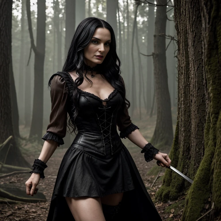 1 woman, Famke Janssen, film Hansel and Gretel Witch Hunters, 30 years old, age 30, black long hair, black, gothic style, ultra detailed face, hyperrealistic, realistic depiction, full body view, gothic style, dancing at a gothic festival, wearing a bodice and a skirt, shoes "New Rocks", next to her a black wolf