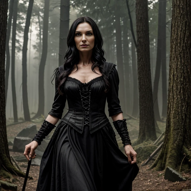 1 woman, Famke Janssen, film Hansel and Gretel Witch Hunters, 30 years old, age 30, black long hair, black, gothic style, ultra detailed face, hyperrealistic, realistic depiction, full body view, gothic style, dancing at a gothic festival, wearing a bodice and a skirt, shoes "New Rocks", next to her a black wolf