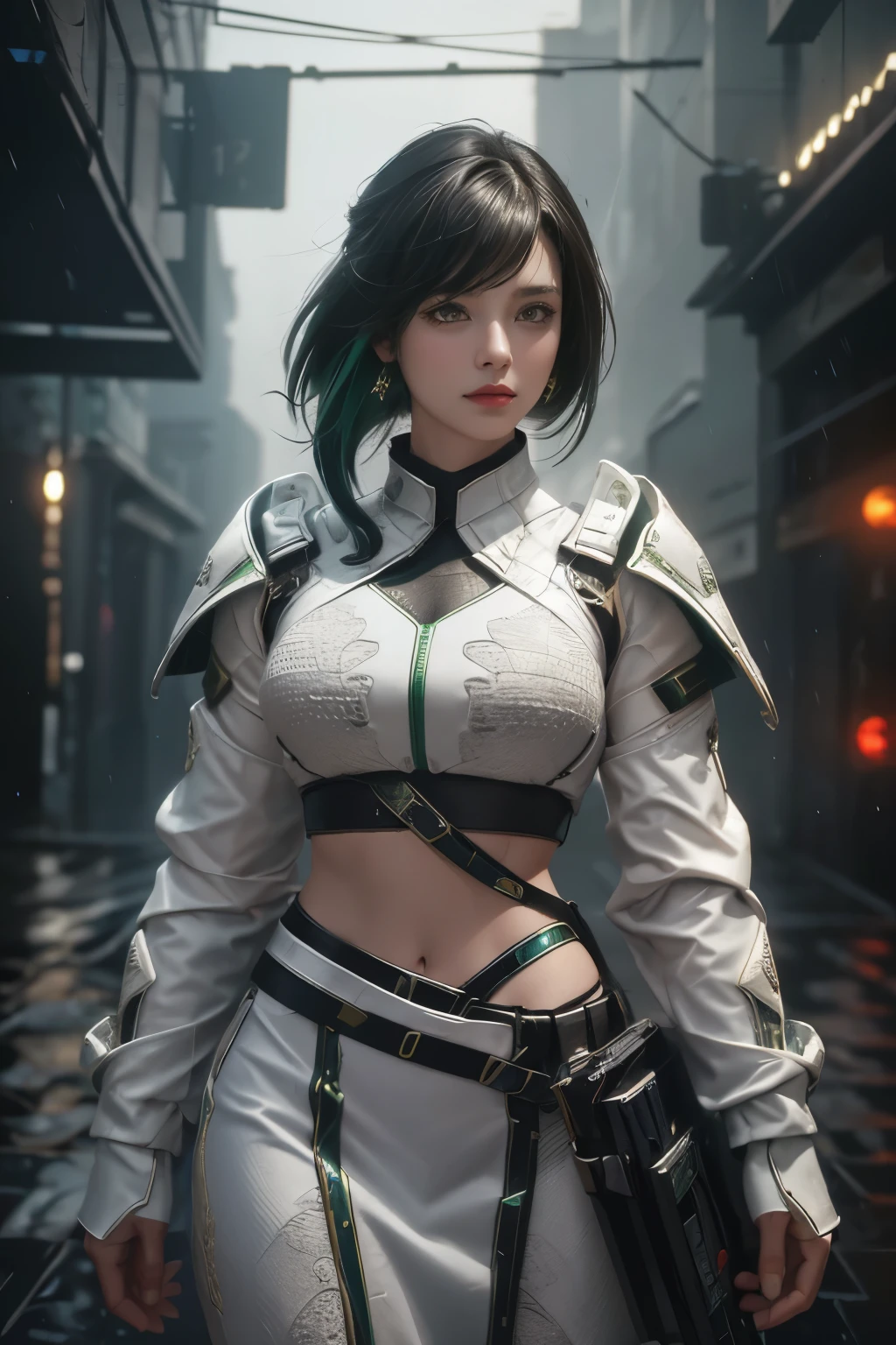 tmasterpiece,Best quality,A high resolution,8K,(Portrait photograph:1.5),(ROriginal photo),real photograph,digital photography,(Combination of cyberpunk and fantasy style),(Female soldier),20 year old girl,random hair style,By bangs,(Red eyeigchest, accessories,Redlip,(He frowned,Sneer),(Cyberpunk combined with fantasy style clothing,Openwork design,joint armor,police uniforms,White jacket,Green),exposing your navel,Photo pose,Realisticstyle,Thunder and lightning on rainy day,(Thunder magic),oc render reflection texture
