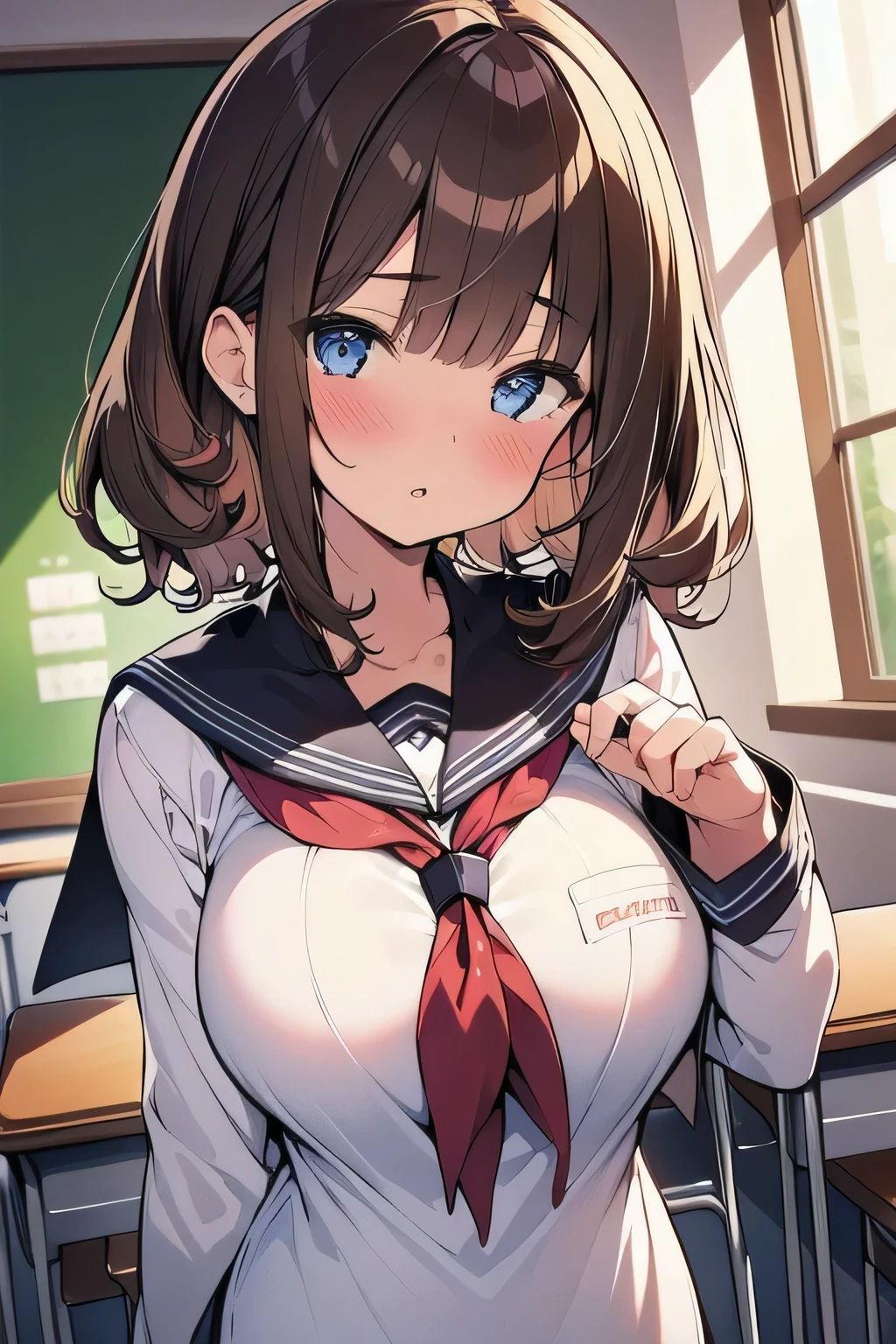 (best quality), (Super detailed), (Best Illustration), (1girl), look at viewer, upper body, (long sleeve, white serafuku), (large breasts:1.2), parted lips, blush, brown hair, (bob cut), curly hair, hairs between eyes, blue eyes, (school:1.3),