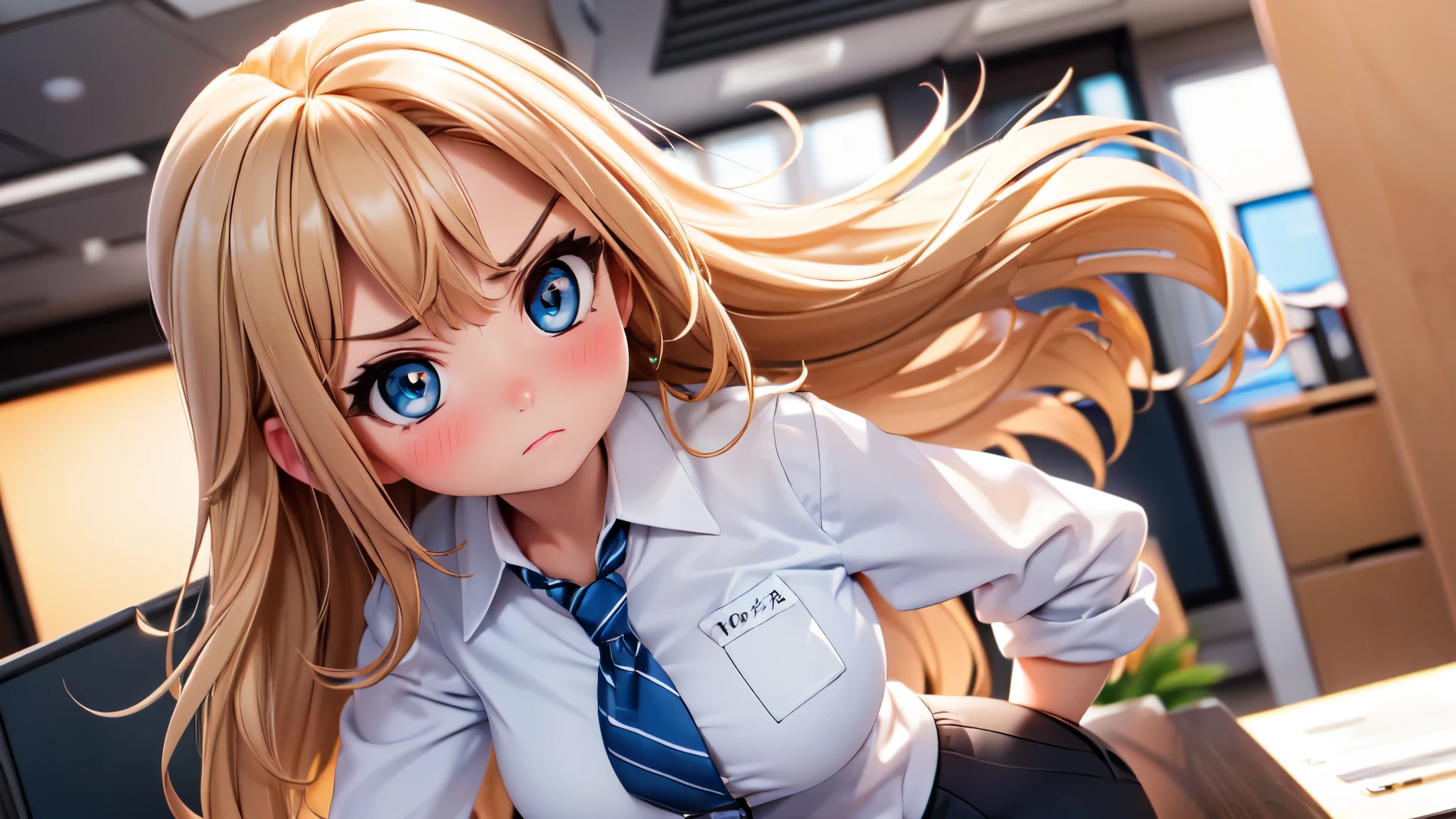 (high quality, High resolution, fine details, actual), ((((Cheeks swell)))), Put your hands on your hips, rely on, alone, miss, ((Female office worker)), Bright Eyes, (exquisite eyes), angry, blush, Shallow depth of field