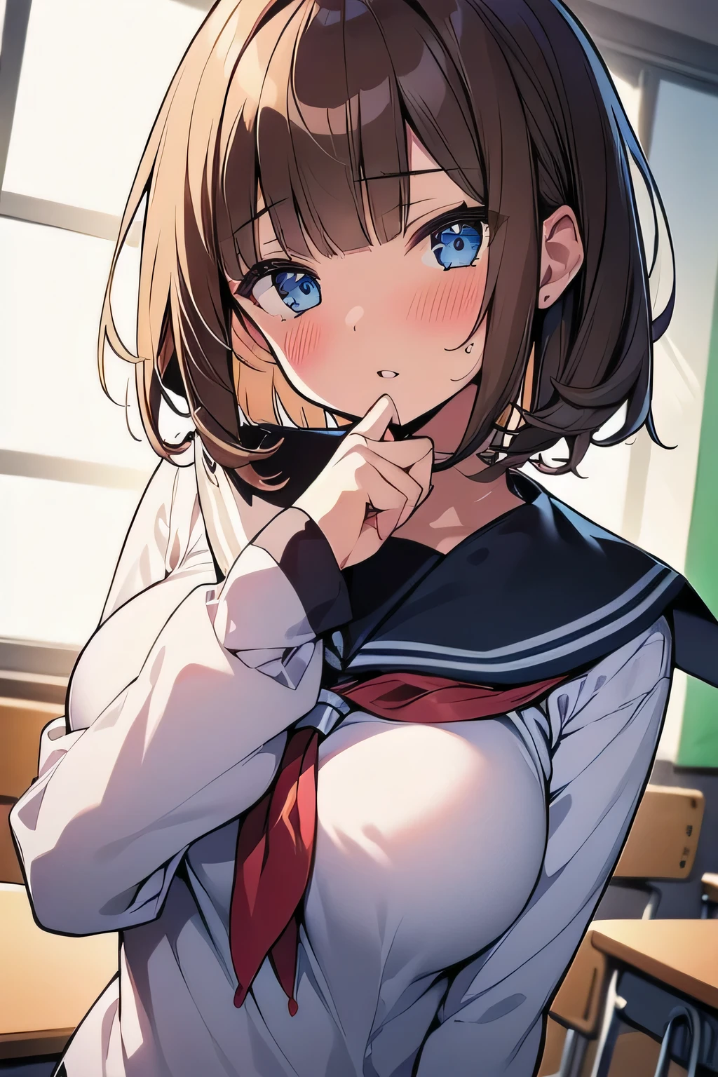 (best quality), (Super detailed), (Best Illustration), (1girl), look at viewer, upper body, (long sleeve, white serafuku), (large breasts:1.2), parted lips, blush, brown hair, (bob cut), curly hair, hairs between eyes, blue eyes, (school:1.3),