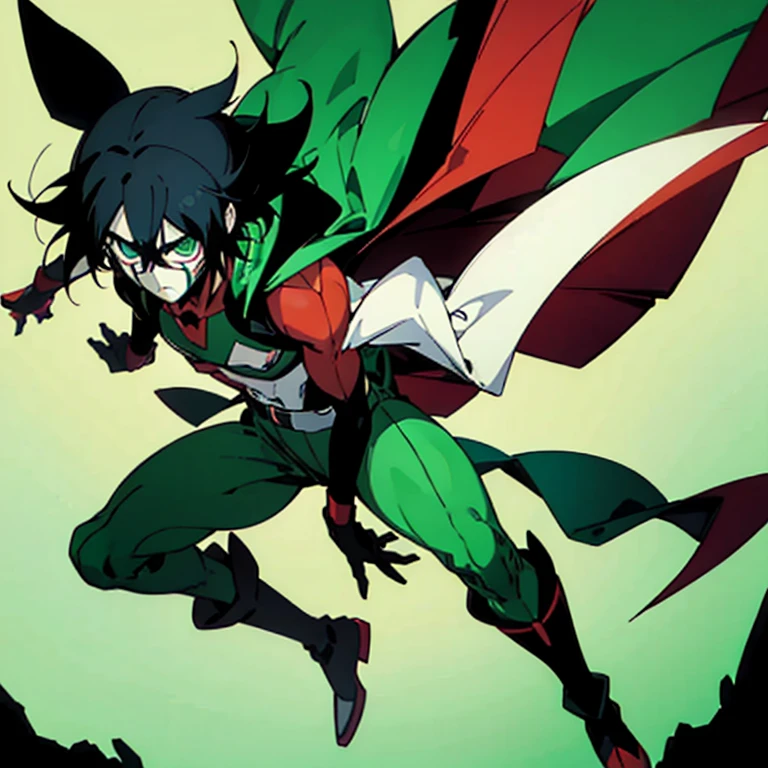 A anime boy with powers to transform into any animal.he is wearing a green and red colour superhero costume with black hair and without a cape and two red gloves with two red boots with green mask in the background is a indian forest. 