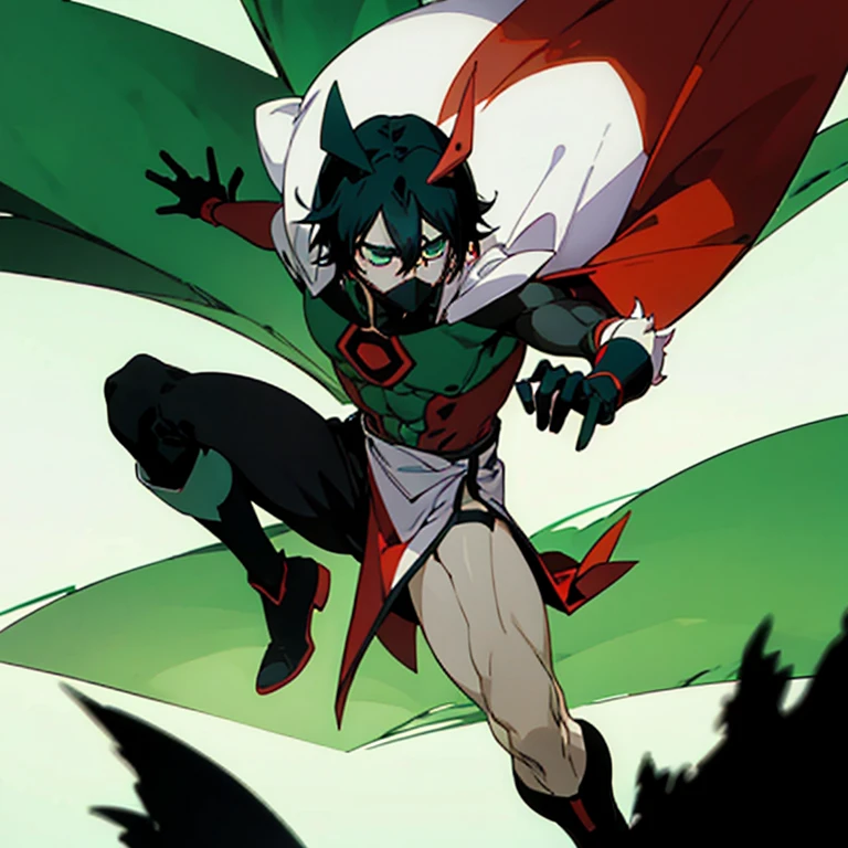 A anime boy with powers to transform into any animal.he is wearing a green and red colour superhero costume with black hair and without a cape and two red gloves with two red boots with green mask in the background is a indian forest. 