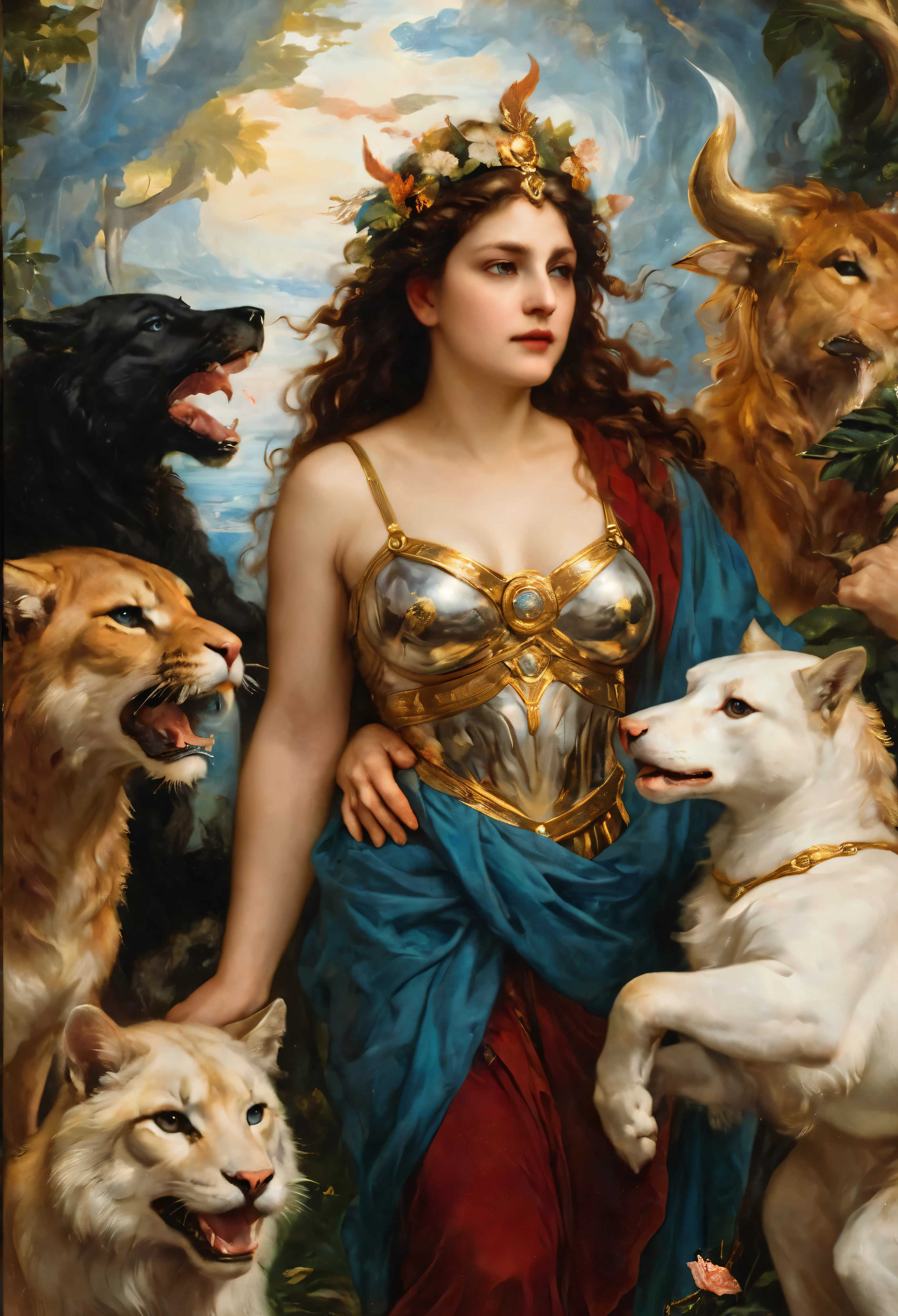 an oil painting art piece depicting the Greek Goddess Circe from Greek or Roman mythology, inspired by Peter Paul Rubens' painting style. Capture Circe's magical and enchanting presence as she stands with a mystical aura, surrounded by enchantments and mythical creatures. Infuse the painting with vibrant colors, dramatic lighting, and intricate details characteristic of Rubens' dynamic and emotive style. Let Circe's power and beauty shine through in a captivating portrayal that brings her mythological essence to life on the canvas, masterpiece, award winning, best quality, highly detailed, flawless artwork, beautiful nature in background, 