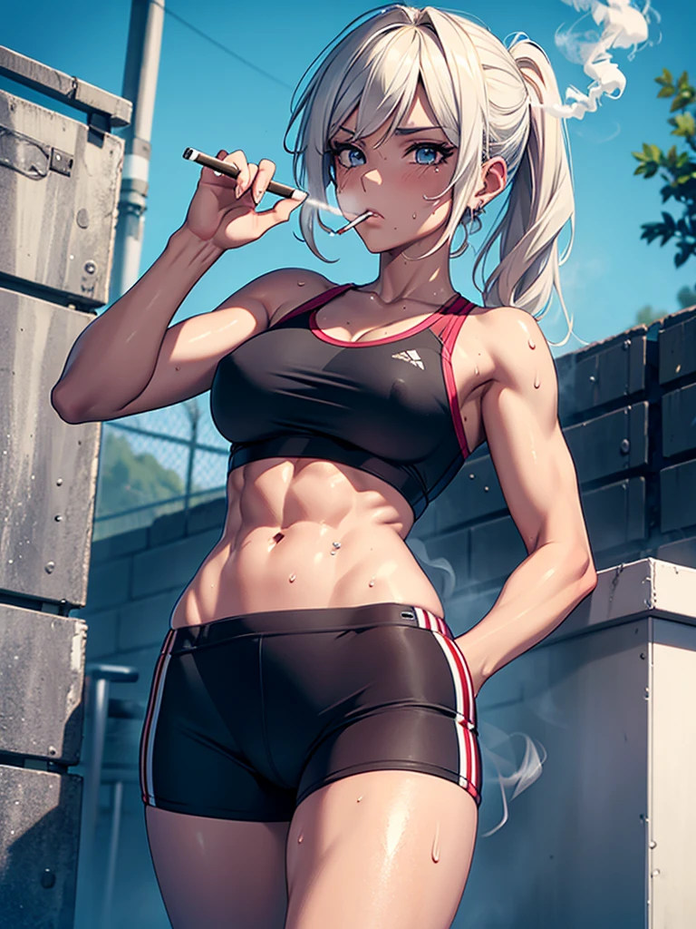 sport girl smoking a cigarette, smoking, smoker, sweating, pov, abs, more smoke, chainsmoking,