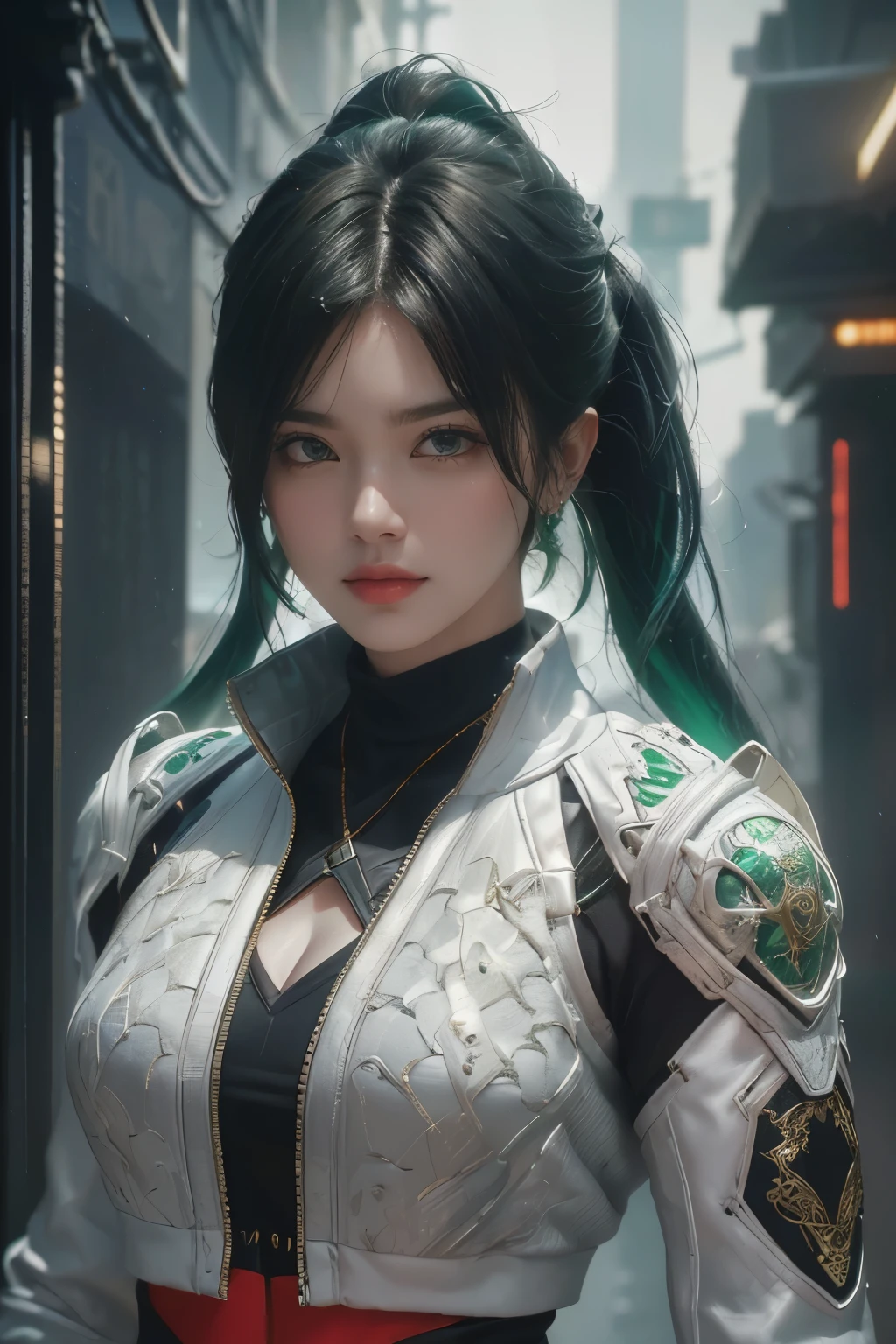 tmasterpiece,Best quality,A high resolution,8K,(Portrait photograph:1.5),(ROriginal photo),real photograph,digital photography,(Combination of cyberpunk and fantasy style),(Female soldier),20 year old girl,random hair style,By bangs,(Red eyeigchest, accessories,Redlip,(He frowned,Sneer),(Cyberpunk combined with fantasy style clothing,Openwork design,joint armor,police uniforms,White jacket,Green),exposing your navel,Photo pose,Realisticstyle,Thunder and lightning on rainy day,(Thunder magic),oc render reflection texture