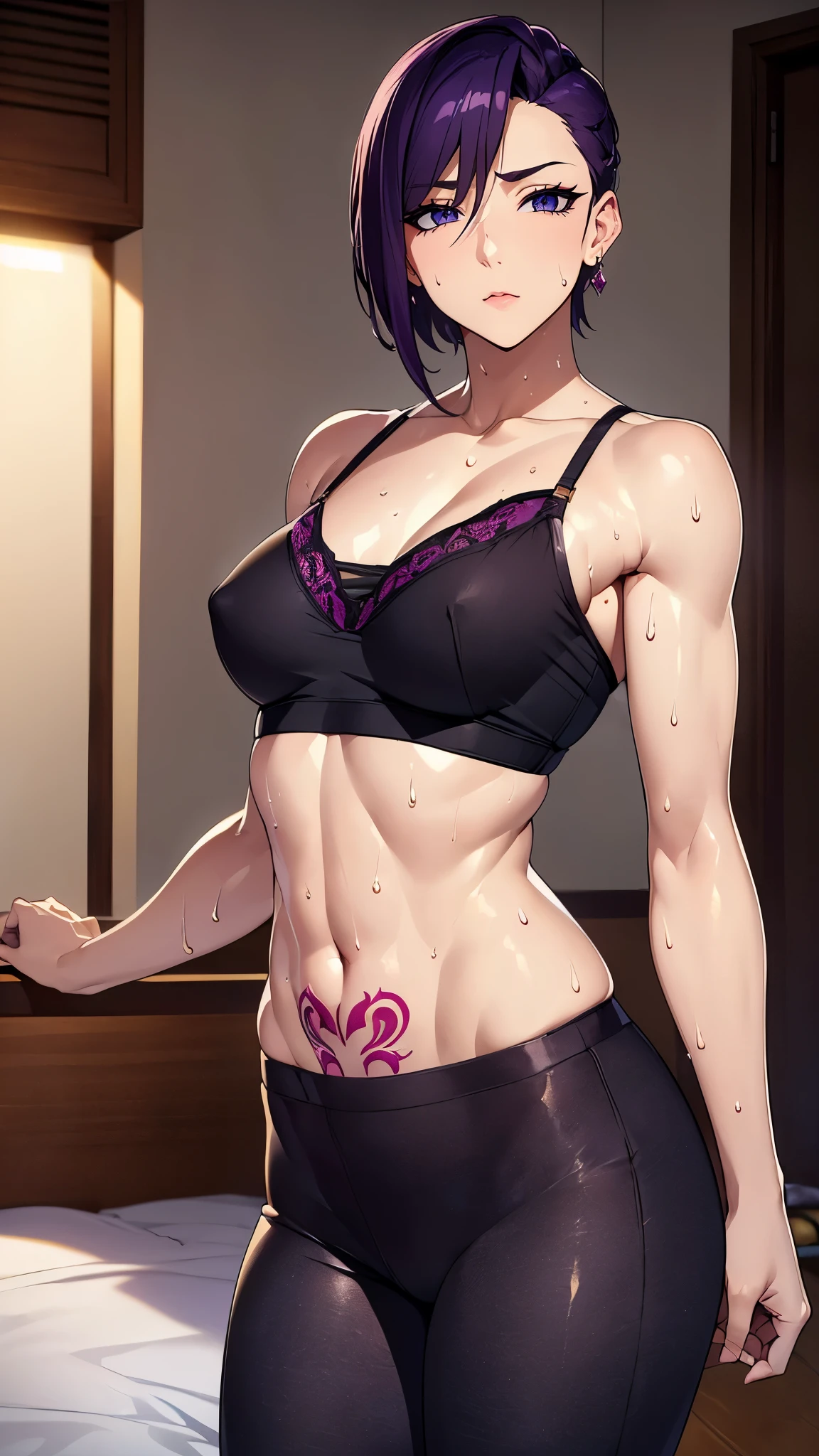 ((8K resolution))、((highest quality))、((masterpiece))、((Super detailed))((((dramatic))), (anatomically correct)、Depth of object being written、look at the camera、one person、one personの女性、front、Thin but muscular body, toned arms, long and thin legs, small breasts、Athletic Presence,(undercut hairstyle)、gold earrings、purple eyes、half closed eyes / Bad mood 、tattoo、(T-shirt、bra string、Sweat)、(theme、whole body:1.1), ネオンpunkスタイル、punk