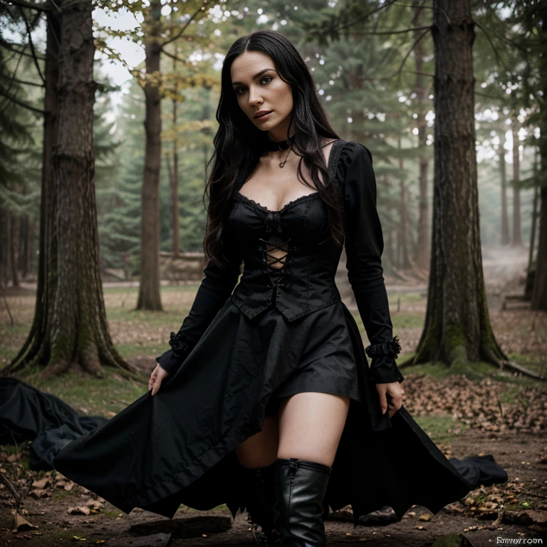1 woman, Famke Janssen, film Hansel and Gretel Witch Hunters, 30 years old, age 30, black long hair, black, gothic style, ultra detailed face, hyperrealistic, realistic depiction, full body view, gothic style, dancing at a gothic festival, wearing a bodice and a skirt, shoes "New Rocks", next to her a black wolf