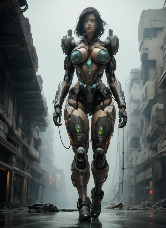 NSFW masterpiece,(best quality)Giant Cyberpunk Female Mechanical Titan,Marble prosthetic breast modified with giant mechanical structural modules,Mega Evolution Future Technology Titan,Apocalyptic cloudy sky and dilapidated underground city ruins at night,Jewelry-encrusted mechanical breast prosthesis,Marble cracked skin shell,Heavy exoskeleton fantasy technology evolution mecha,Dark fantasy art rendering,Standing on the smoky ruins,Dark swamp atmospheric fog special effects,