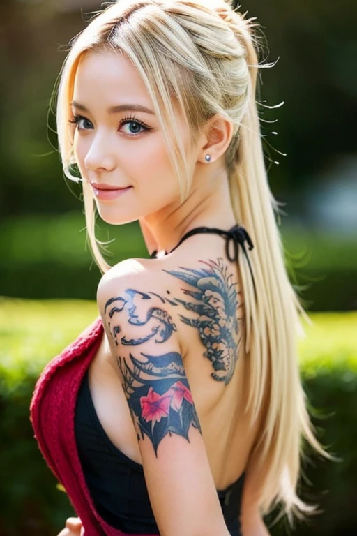 Beautiful young blonde girl with a dragon tattoo on her bare back