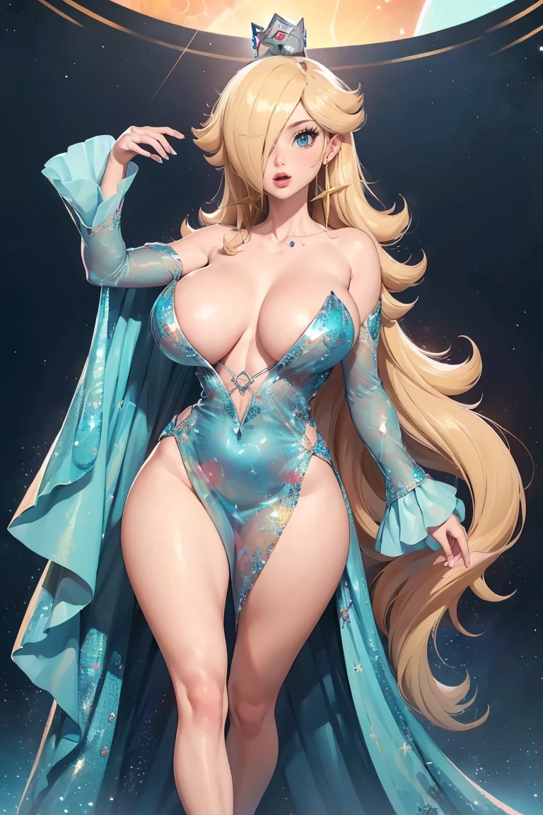 (best quality). (Ultra Detalhado). (1girl), Olhando para o Viewer. (Antecedentes detalhados). belos olhos detalhados. rosto delicado e bonito. (high saturation), seios grandes, droopy breasts, (((sexy miss universe blue dress))), (((long legs))), (((gigantic breasts))), (((marked collarbones)))