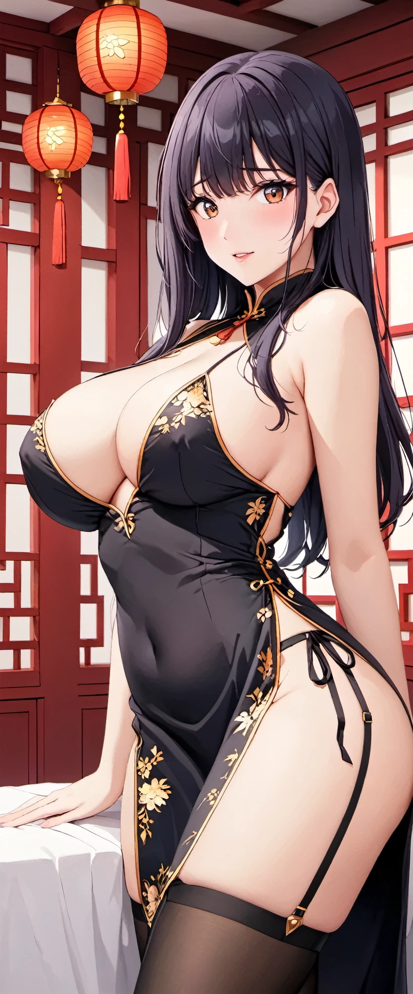 (nsfw:1.5),High resolution, adult woman , good lighting, despicable, , (No nudity), (((China dress))), (()), ((())), (garter belt), abdomen only, (huge breasts:1.2), , cute face, I'Iは恥ずかしくて赤面します, humiliating, ((look back)), ((See-through))()(T-back)(A large amount of material is attached to the body,)、(sexual fluid overflowing:1.5)