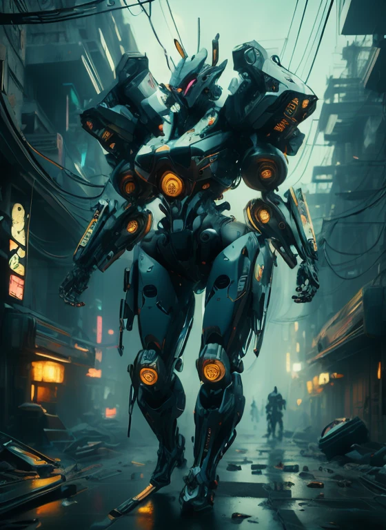 NSFW masterpiece，（best quality）Giant Cyberpunk Female Mechanical Titan，Marble prosthetic breast modified with giant mechanical structural modules，Mega Evolution Future Technology Titan，Apocalyptic cloudy sky and dilapidated underground city ruins at night，Jewelry-encrusted mechanical breast prosthesis，Marble cracked skin shell，Heavy exoskeleton fantasy technology evolution mecha，Dark fantasy art rendering，Standing on the smoky ruins，Dark swamp atmospheric fog special effects，