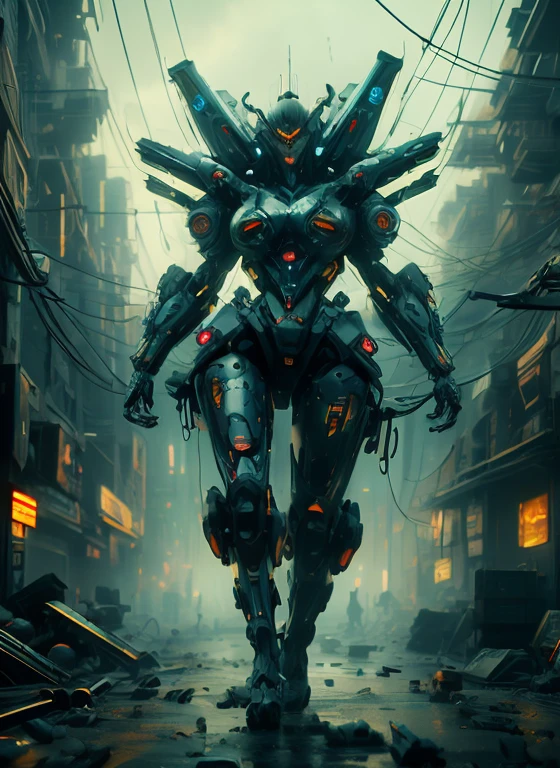 NSFW masterpiece，（best quality）Giant Cyberpunk Female Mechanical Titan，Marble prosthetic breast modified with giant mechanical structural modules，Mega Evolution Future Technology Titan，Apocalyptic cloudy sky and dilapidated underground city ruins at night，Jewelry-encrusted mechanical breast prosthesis，Marble cracked skin shell，Heavy exoskeleton fantasy technology evolution mecha，Dark fantasy art rendering，Standing on the smoky ruins，Dark swamp atmospheric fog special effects，