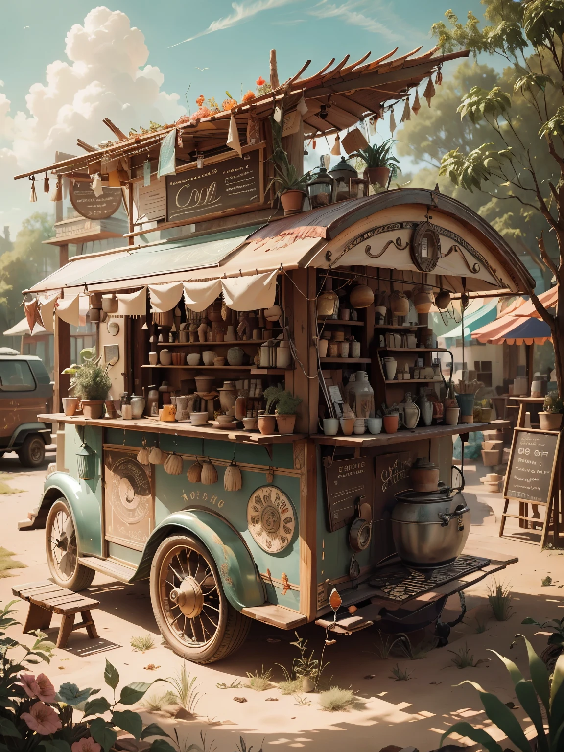 A boho-style coffee cart with handmade accessories, decorated with vibrant colors and intricate patterns. It features a wooden cart with a rustic finish, adorned with beautiful flowers and plants. The cart is filled with various coffee machines, cups, and jars showcasing the art of coffee-making. The scene