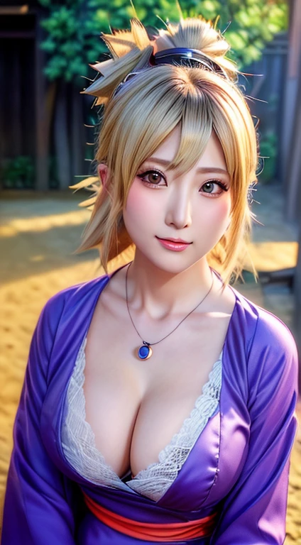 real image、8k, Temari Nara、((big breasts)), (cleavage), clavicle,((tsun costume)), (purple kimono), (slit)(tsun necklace), young woman, blonde、fascinating look, looking at the viewer, Konoha Village, outdoor, daytime, (full body shot), (Extremely detailed, beautiful detailed face, masterpiece, beautiful detailed eyes, highest quality), huge breasts, ((魅惑的な笑face)), 超High resolution,4k,Super detailed, photo shoot, 8K, HDR, High resolution, (disorganized:1.2), kodak portrait 400, film grain, blurred background, (Bokeh:1.2), Lens flare, (lively_color:1.2),professional photos, (beautiful_face:1.5), ,(((cast 1.3))),(((Squeeze your elbows,My chest feels tight)))、lace bra