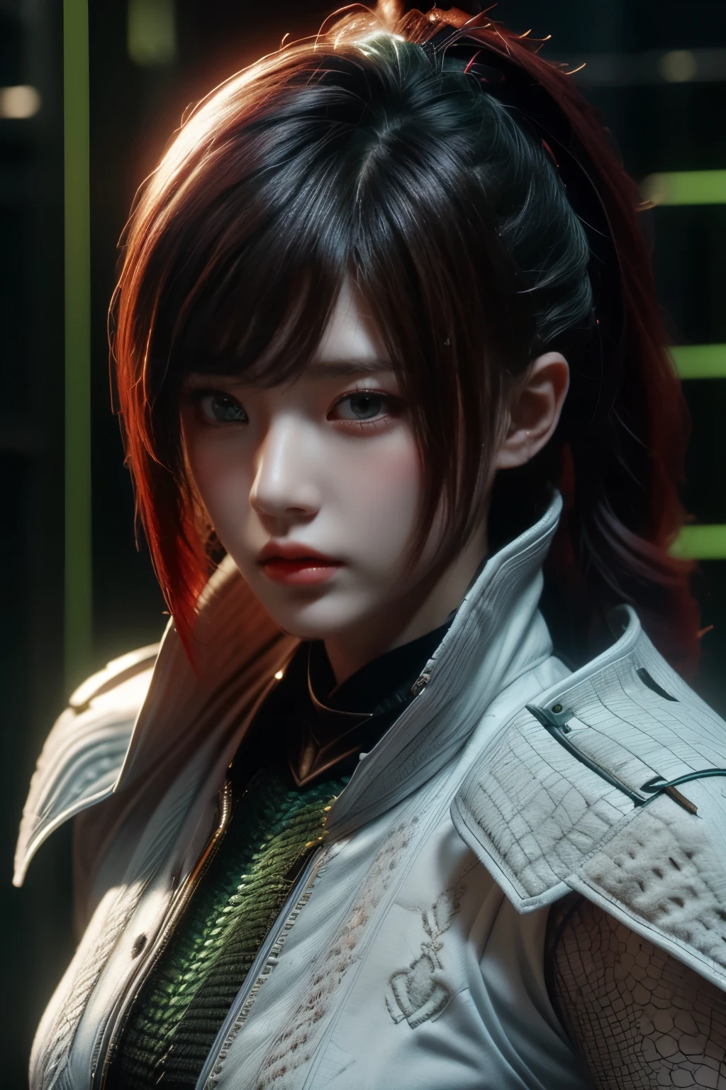 tmasterpiece,Best quality,A high resolution,8K,(Portrait photograph:1.5),(ROriginal photo),real photograph,digital photography,(Combination of cyberpunk and fantasy style),(Female soldier),20 year old girl,random hair style,By bangs,(Red eyeigchest, accessories,Redlip,(He frowned,Sneer),(Cyberpunk combined with fantasy style clothing,Openwork design,joint armor,police uniforms,White jacket,Green),exposing your navel,Photo pose,Realisticstyle,Thunder and lightning on rainy day,(Thunder magic),oc render reflection texture