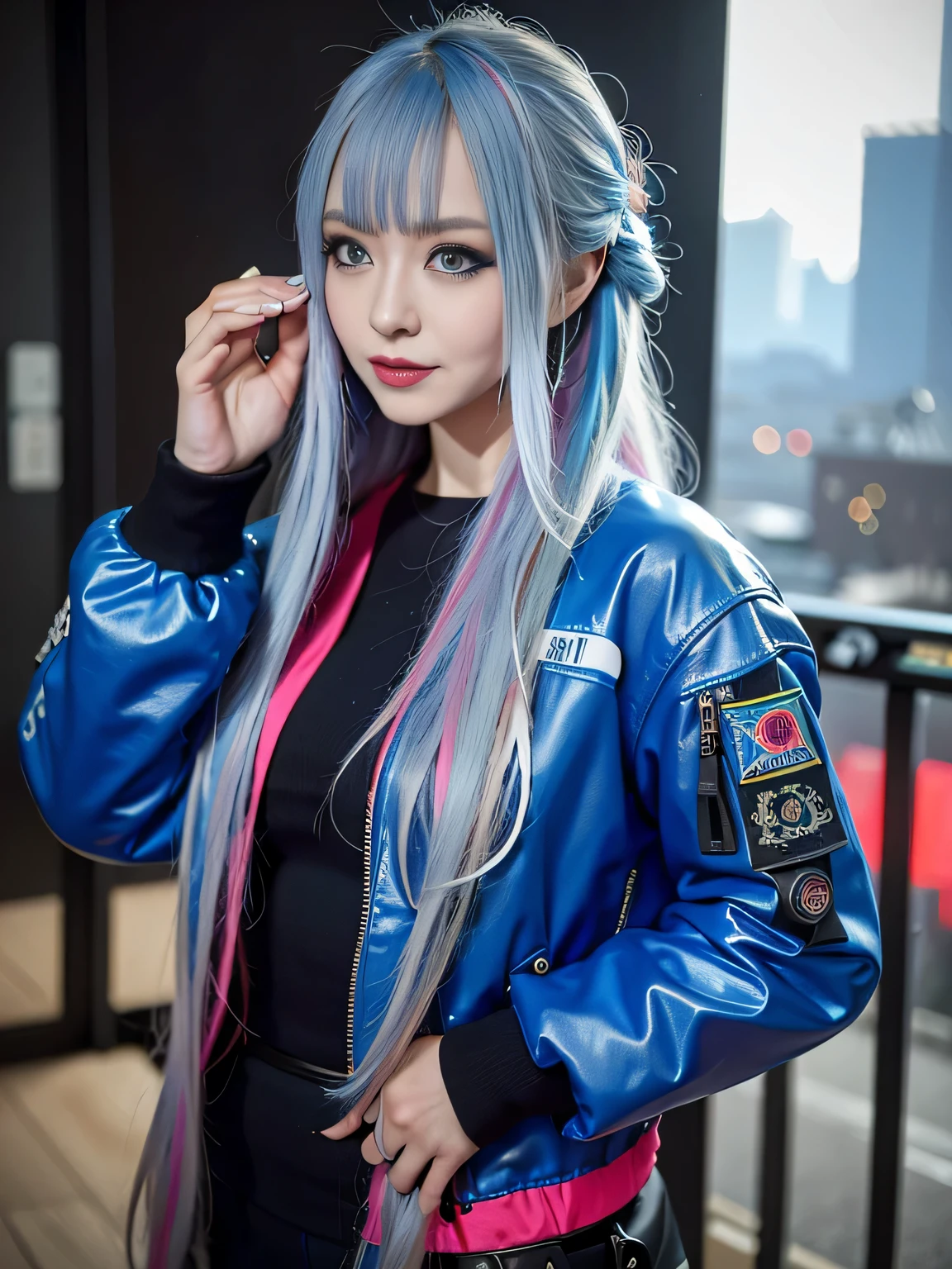 (best quality:1.2), (realistic, photo-realistic:1.3), (masterpiece:1.1), (light smile:1.2), (blue eyes:1.3), (multicolored hair:1.2), (cyberpunk girl:1.2), (future city:1.2), (cinematic natural light effects:1.2), gal.safetensors, (Clothes with attention to detail:1), (cyberpunk rider suit:1.2), (cyberpunk jacket:1.2), (sci-fi big guns:1.2), (military equipment:1.2)