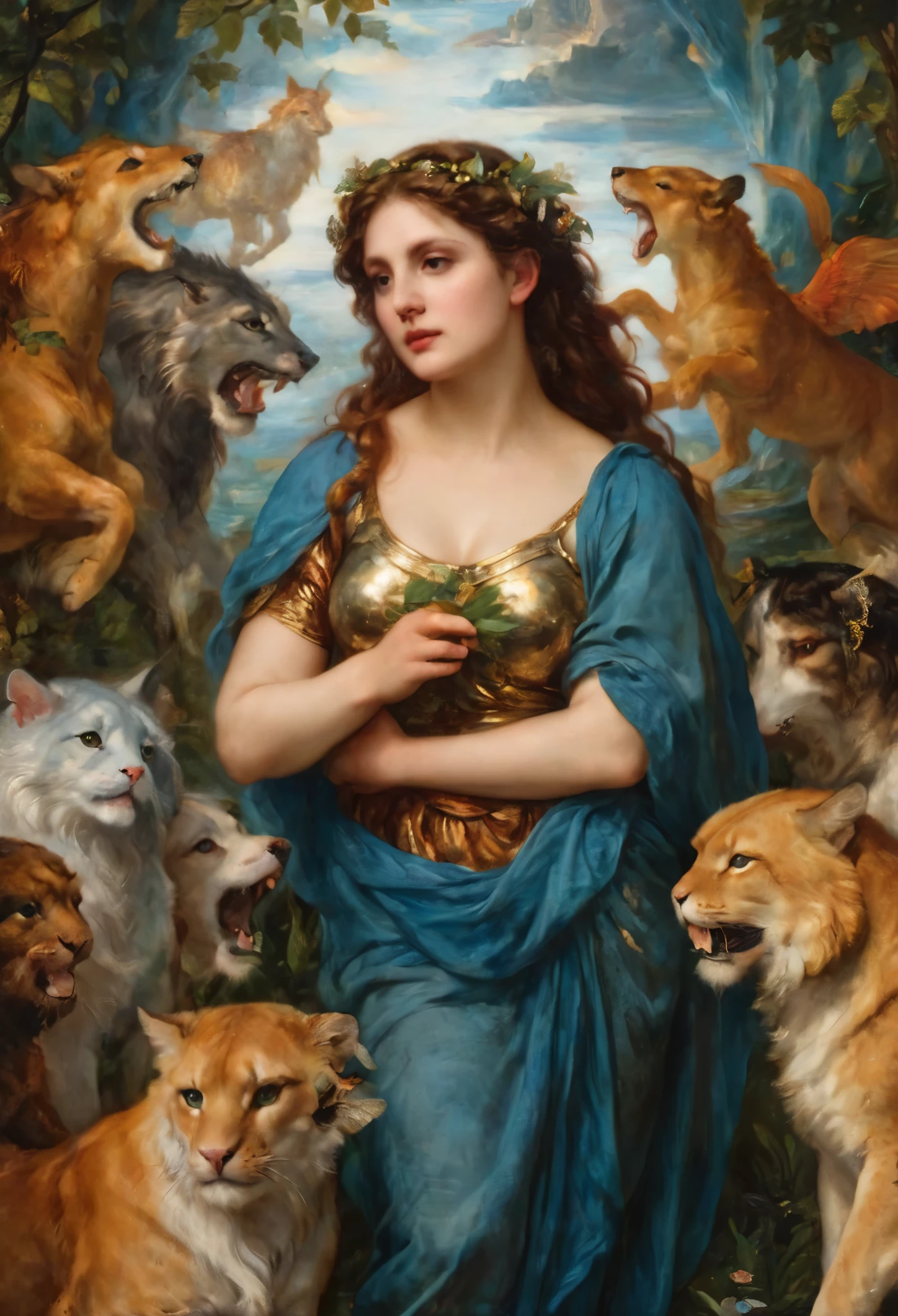 an oil painting art piece depicting the Greek Goddess Circe from Greek or Roman mythology, inspired by Peter Paul Rubens' painting style. Capture Circe's magical and enchanting presence as she stands with a mystical aura, surrounded by enchantments and mythical creatures. Infuse the painting with vibrant colors, dramatic lighting, and intricate details characteristic of Rubens' dynamic and emotive style. Let Circe's power and beauty shine through in a captivating portrayal that brings her mythological essence to life on the canvas, masterpiece, award winning, best quality, highly detailed, flawless artwork, beautiful nature in background,