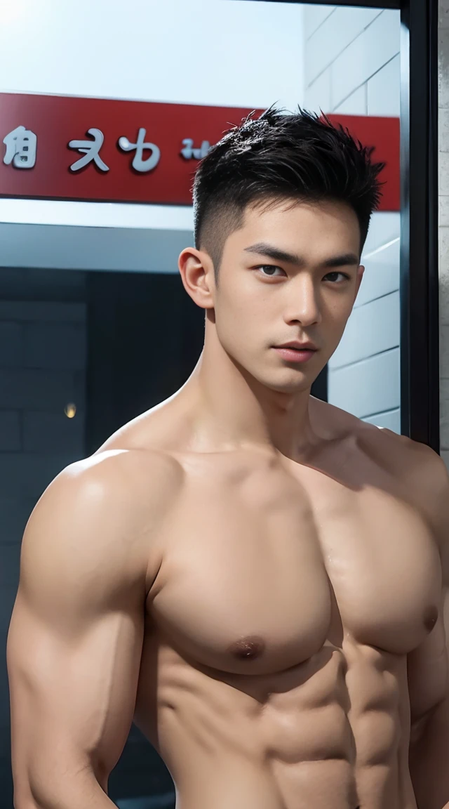 asian male model, big muscles, Full chest muscles，Sexy and charming expression，blue eyes，Handsome, cool, Hair combed smoothly, piercing ears,naked，Wear sexy tongs，Big bag highlights, image, modeling, dynamic poses, Tsinghua University male student bathhouse, bath，Perfect hand details