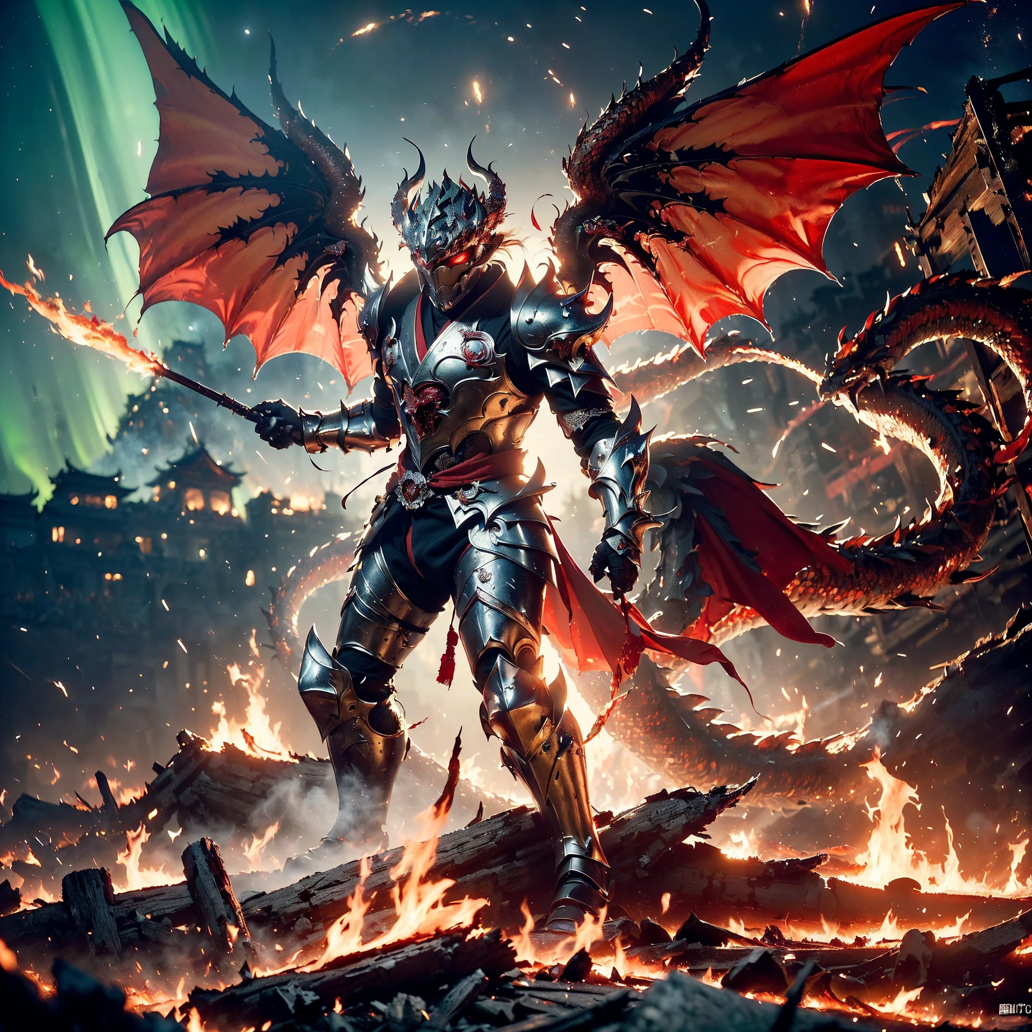 (((Realistic, masterpiece, best quality, crisp detail, high definition, high detail, very rich detail, sharp focus, sharp detail, colorful, rich color, perfect studio lightning))), ((20 years old, beautiful goddes of destructions, red hair)),(((in the middle of war, epic war scene, offensive stance))), wearing (((beautiful decorated golden heavy armor, fire dragon armor, decorated full body armor, fully armored beautiful kimono, wide fire wings))), (holding giant fire), (((blood everywhere, death everywhere, japan bakumatsu period, dead bodies, fire demons, burnt japanese castle, fire dragons, kaiju,meteor shower, aurora)) flooded by molten lava traditional village background), heavy fire rain,