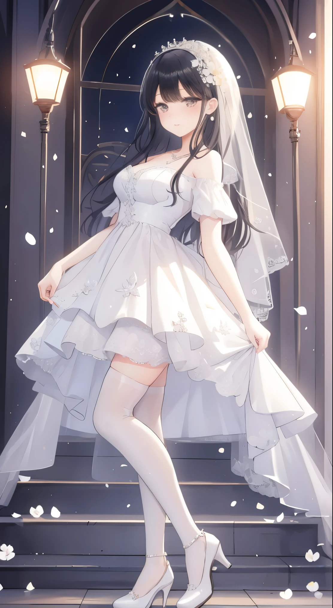  1girl, solo, long hair, breasts, looking at viewer, blush, bangs, black hair, hair ornament, thighhighs, dress, bare shoulders, jewelry, standing, full body, flower, short sleeves, indoors, hair flower, water, necklace, white dress, high heels, white thighhighs, white footwear, crossed legs, fishnets, veil, wedding dress, skirt hold, bridal veil, watson cross