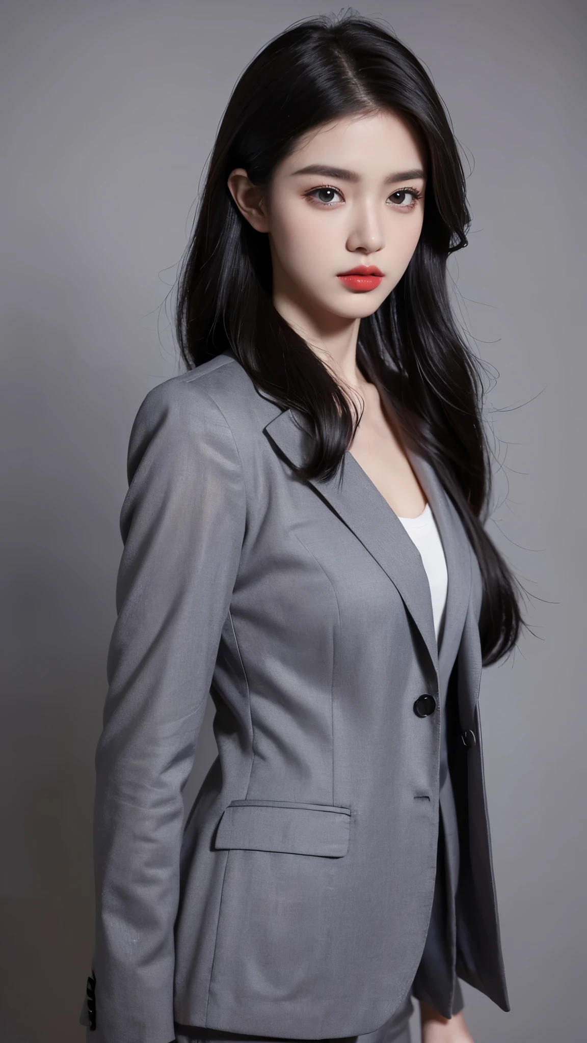 ((Half body photo)), masterpiece,best quality,high resolution,8K,(portrait),real picture,Photographic grade,20 year old girl,Random hairstyle,red lips,Keep your mouth beautiful and attractive,Half body photo,Serious and arrogant,(Women's business suit,Black),photo poses,Realistic style,gray background,Half-length photo