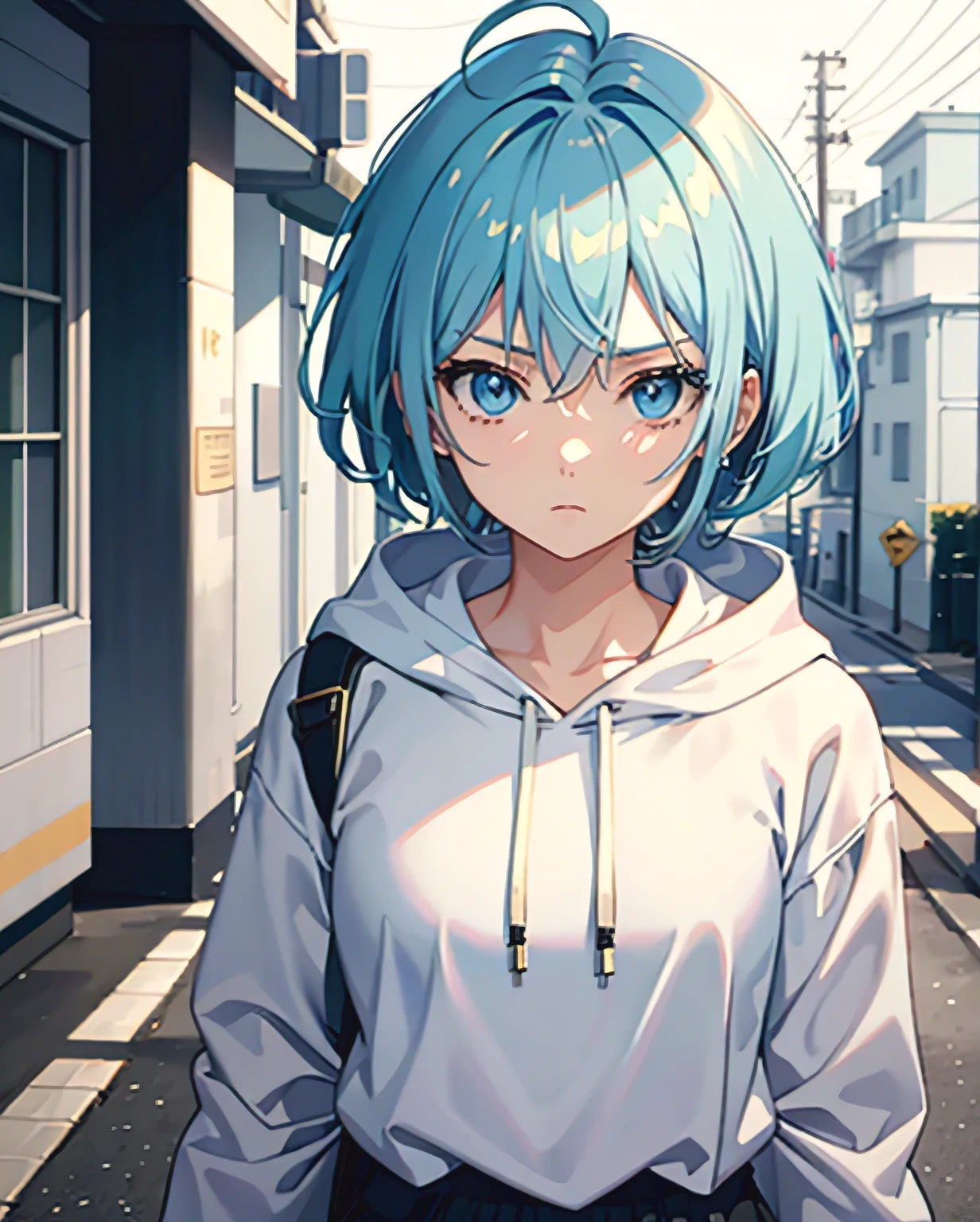 1girl,light blue anime short hair,gold color eyes,White hooded shirt,black short pants, Grim expression,on road, (Masterpiece, Best Quality), Detailed, Intricate Details, 4K, color splashes, wide shot,